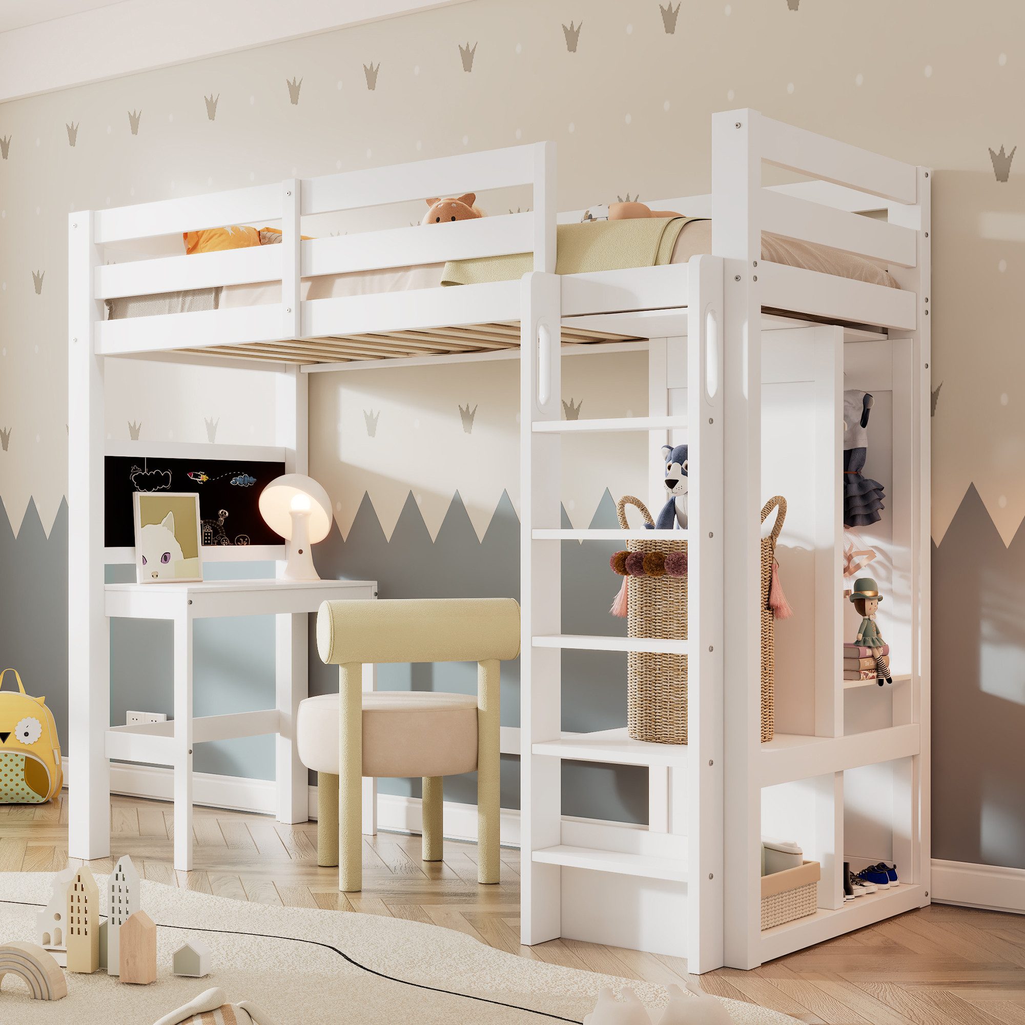 Odikalo Hochbett 90x200 Kinderbett mit Schreibtisch und Stauraum (mit Schreibtisch Offener Kleiderschrank und Regalen Kinderbett mit Lattenrost und Rausfallschutz Einzelbett Liegefläche 90x200cm, Weiß(ohne Matratze)