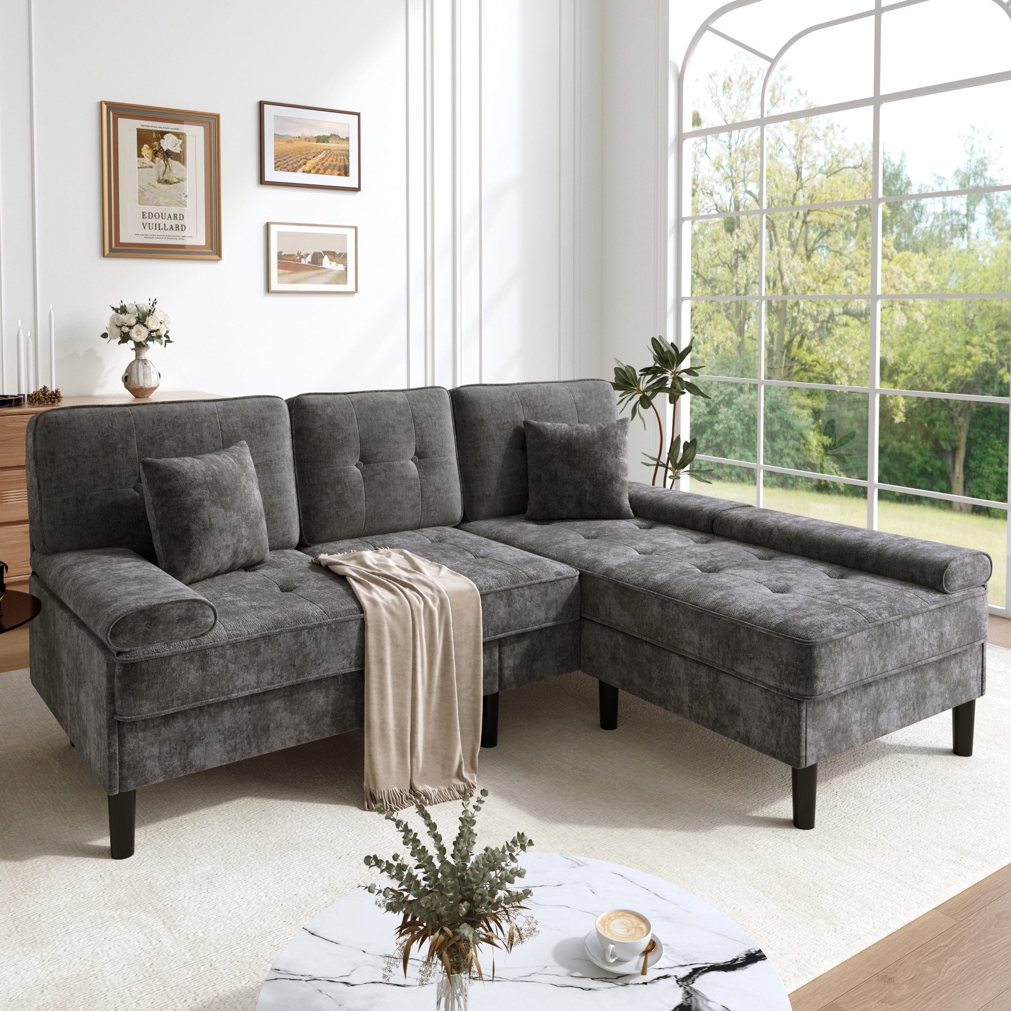 OKWISH Schlafsofa Ecksofa 195x86x149 cm aus Chenille mit Fußbank, modular, mit Schlaffunktion, bewegliche Fußbank, für kleine Apartments 1 Teile, L-Form-Ecksofa,Wohnzimmer-Multifunktions-Chaiselongen