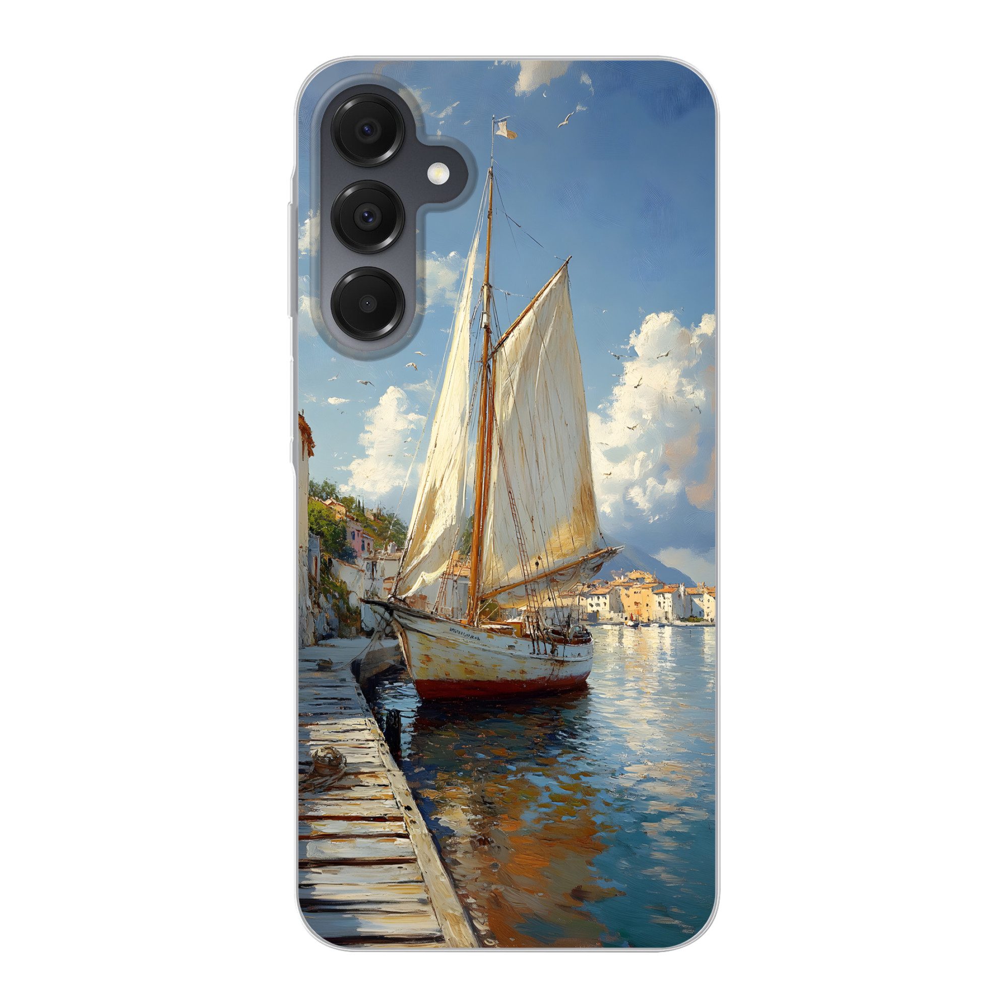 MuchoWow Handyhülle für Samsung Galaxy A16 5G Segelschiff - Häuser - Kai - Meer, Phone Case, Silikon, Schutzhülle Dünn