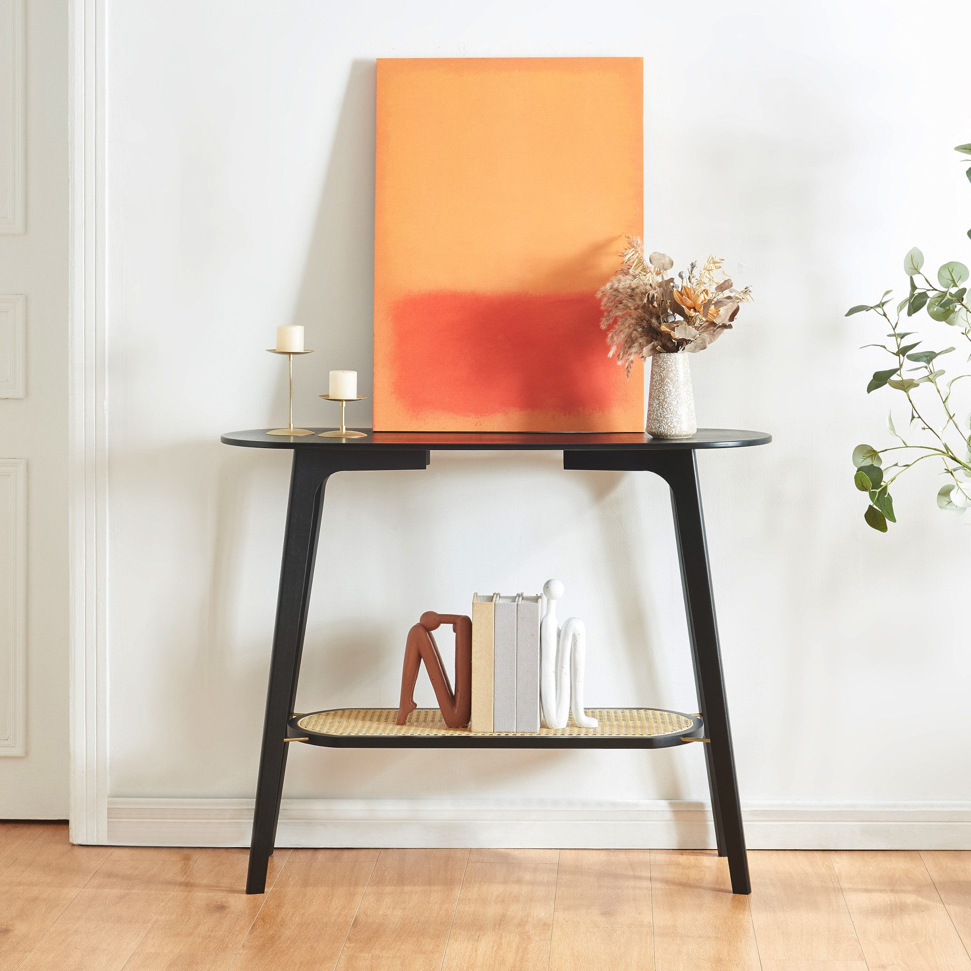 en.casa Konsolentisch, »Taivalkoski« Bambus 100x35x80 cm Schwarz / Rattanoptik