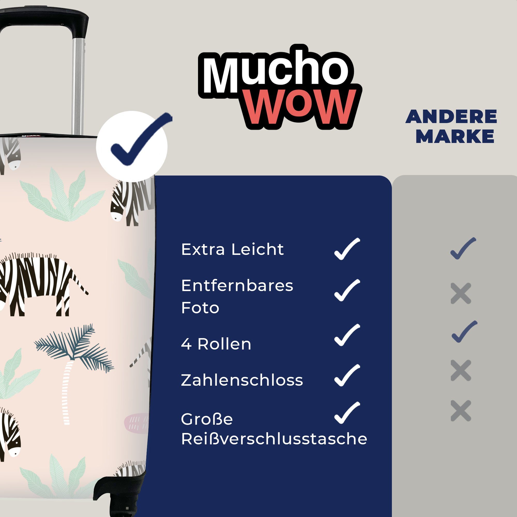 MuchoWow Handgepäckkoffer Zebra für - Rollen, Handgepäck Rosa, - Reisetasche Ferien, Reisekoffer mit Trolley, 4 Pflanzen rollen