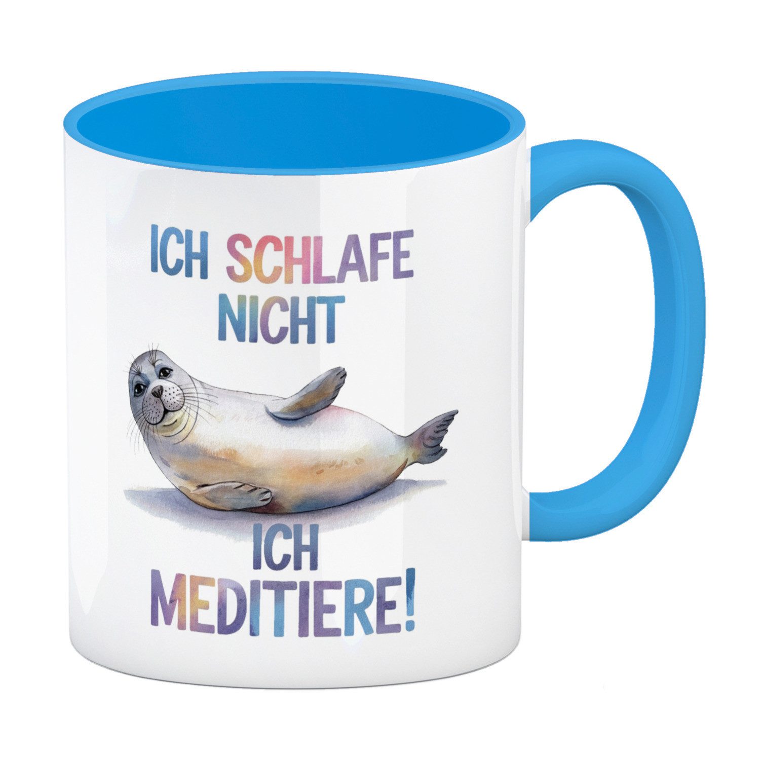 speecheese Tasse Robbe - schlafe nicht sondern meditiere Kaffeebecher in hellblau