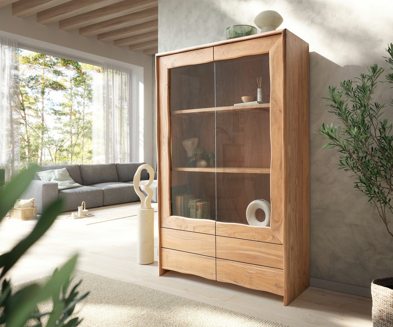 DELIFE Vitrine Live-Edge Akazie Natur 120x190 cm 2 Türen 4 Schubladen Massiv Highboard