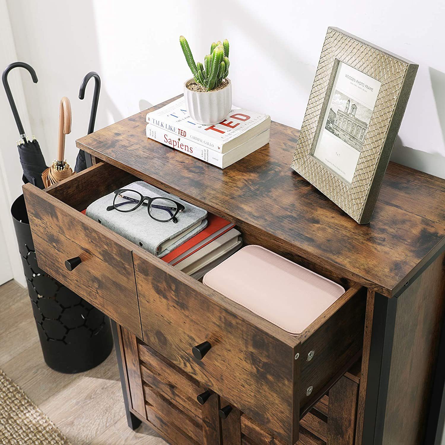 VASAGLE Sideboard Unterschrank Küchenaufbewahrungsschrank Lamellentüren, für Wohnzimmer Flur Büro Schlafzimmer Rustikal – Bild 5 von 5