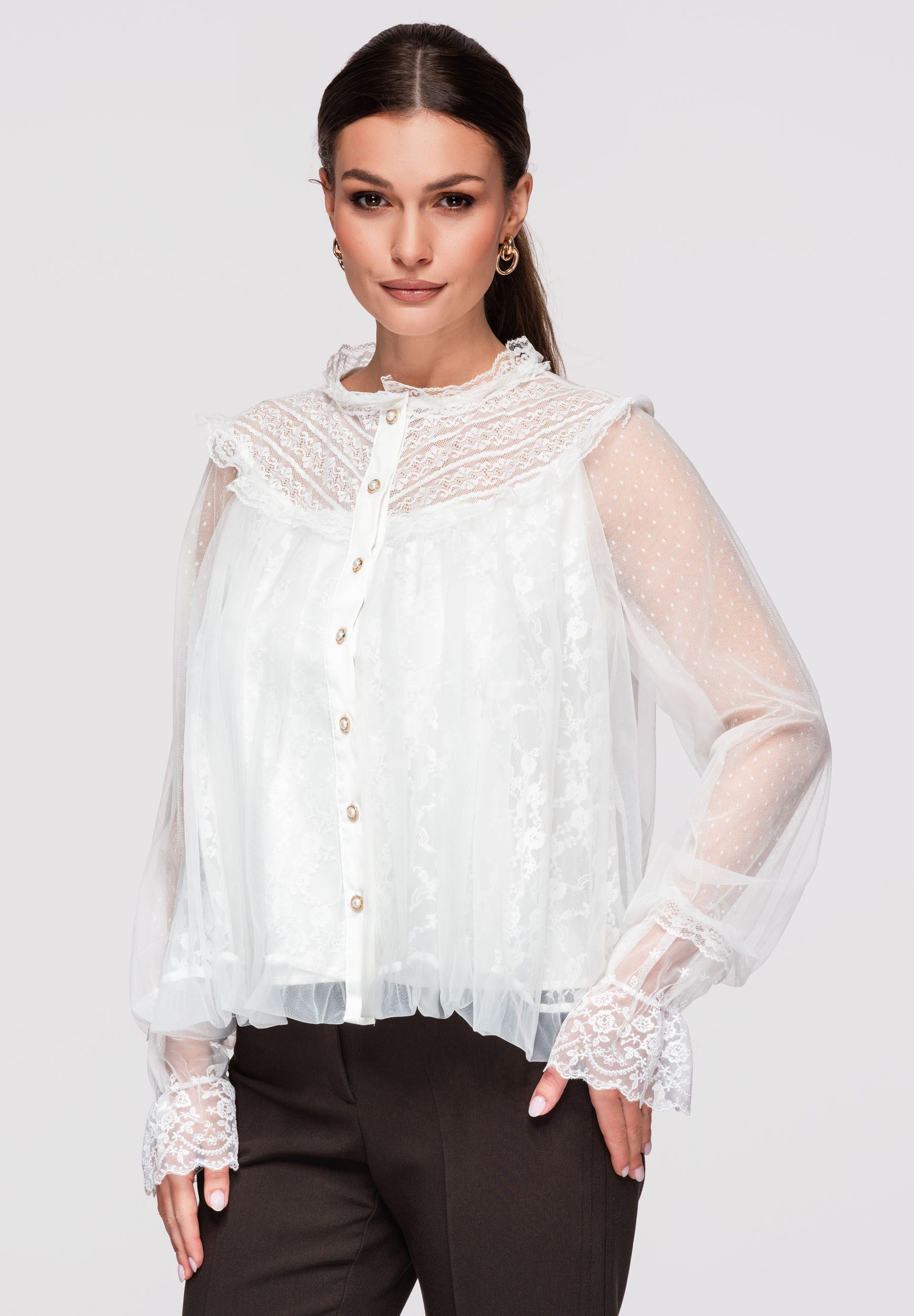 OMBRE Hemdbluse Damen Tüllbluse mit Spitze Elegant Vintage Weiß ONESIZE (kein Set, 1-tlg) Inklusive abnehmbarem Gürtel, Koronkowymi-Einsätze