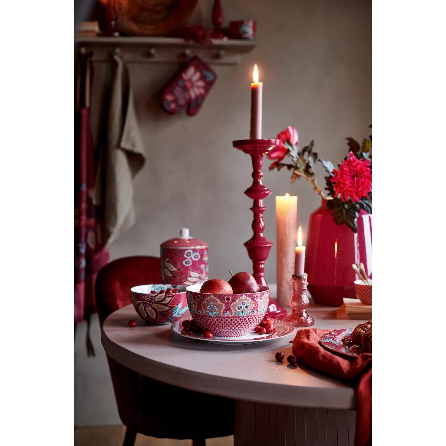 PiP Studio Tortenplatte Kuchenplatte Flower Festival Dark Pink, mit  Blütenmotiven und Goldrand