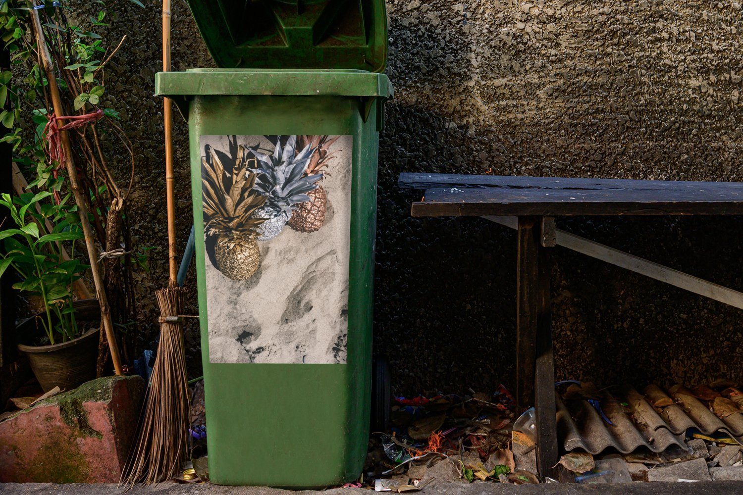 Mülleimer-aufkleber, Container, Wandsticker - Mülltonne, MuchoWow Sticker, Ananas Sand St), (1 - Abfalbehälter Gold