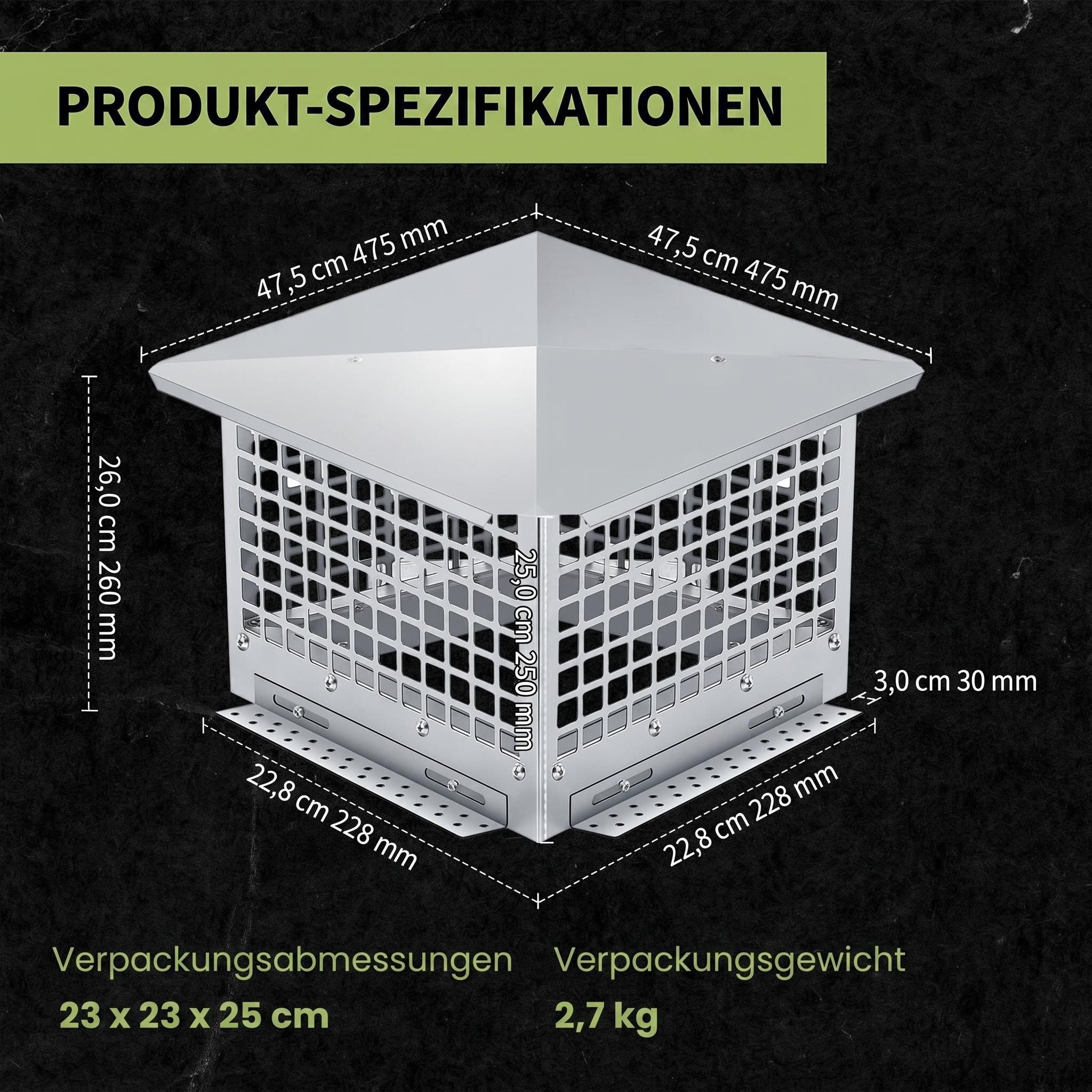 GarveeMore Schornstein-Regenhaube 304 Edelstahl-Schornsteinschutz inkl. Montageset, quadratisch, Silbrig, Schutz vor Vögeln, Schnee, Blättern & Funken