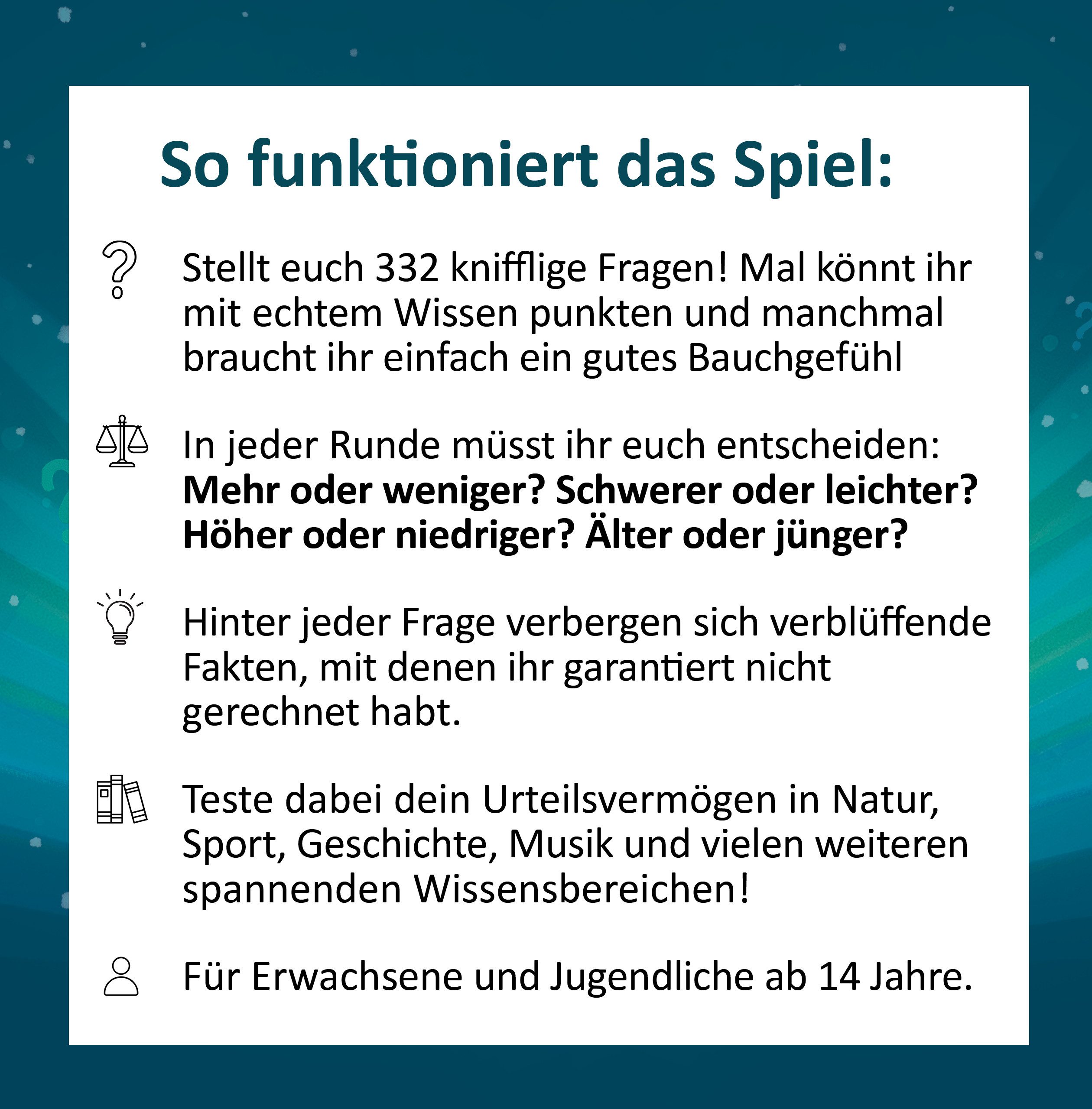 GLÜCKSWOLKE Spiel Wissen oder Wahnsinn – Wie gut ist dein Urteilsvermögen?, Rate- & Schätzspiel, Das besondere Quiz - Spiele für Erwachsene & Teenager I ab 2 Personen