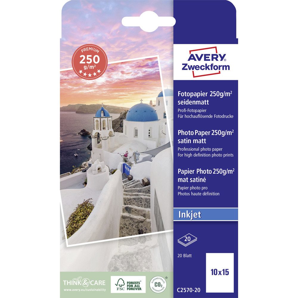 Avery Zweckform Fotopapier Avery-Zweckform Premium C2570-20 Fotopapier 10 x 15 cm 250 g/m² 20 Bla