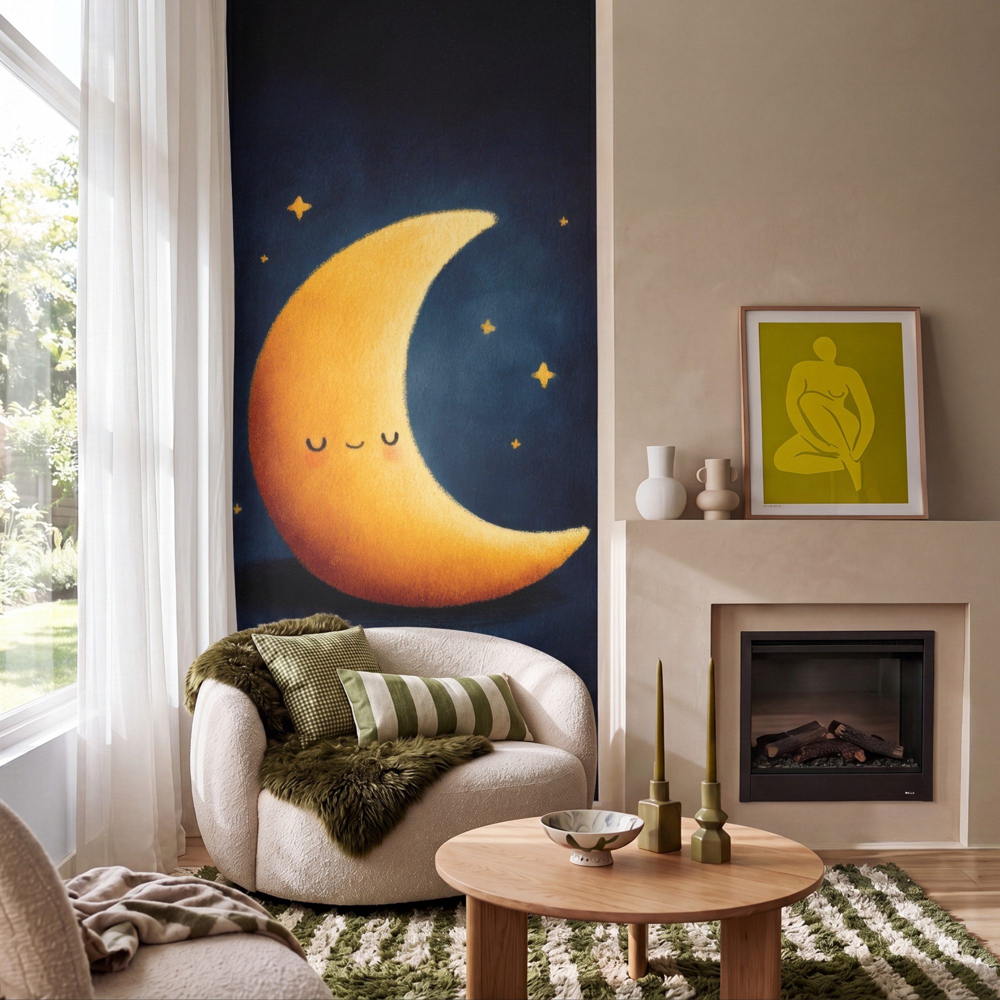 OnlyWow Fototapete Mond - Gelb - Sterne - Gesicht, Matt, bedruckt, Wandtapete, Schlafzimmer, Wanddekoration 100x220cm
