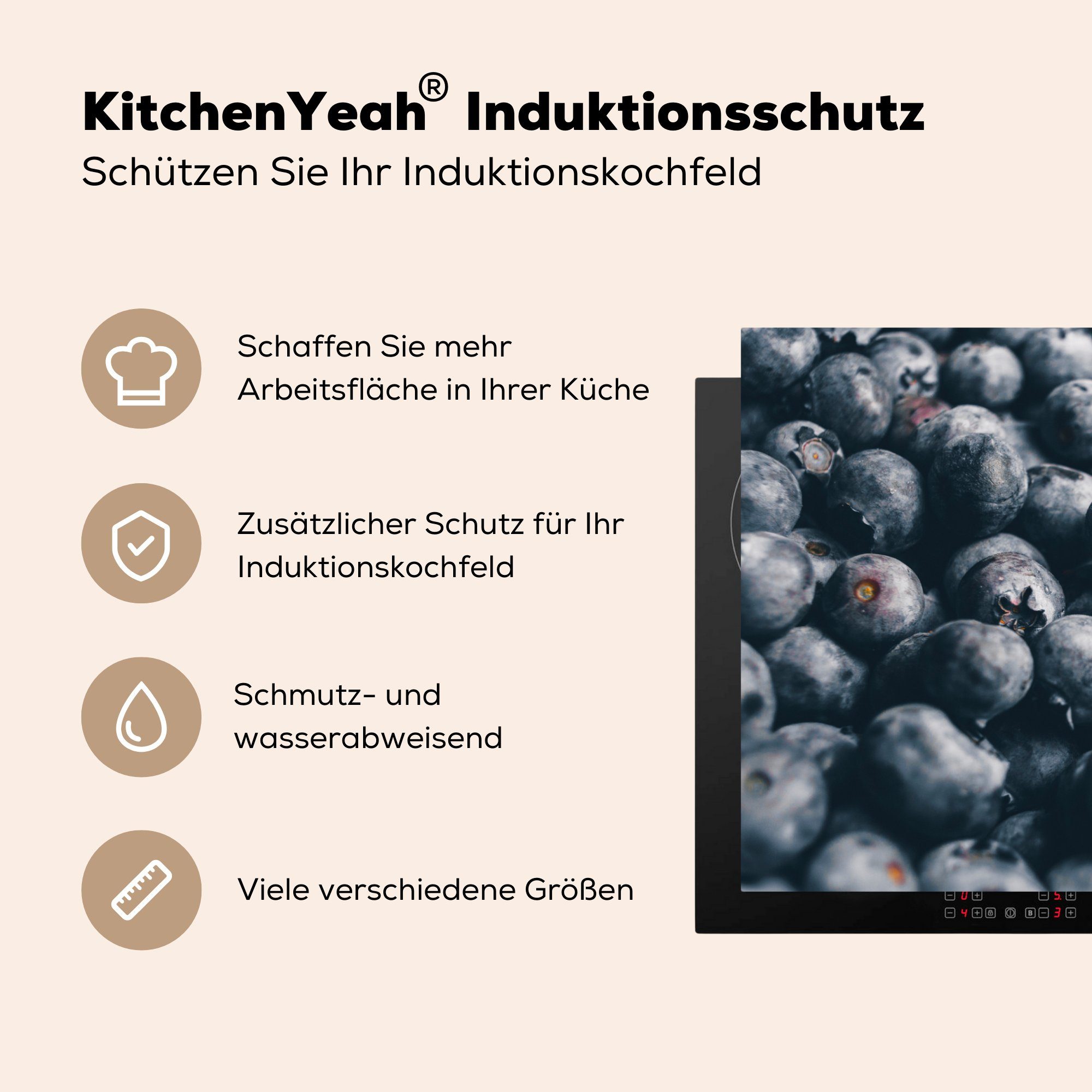 MuchoWow Herdblende-/Abdeckplatte Obst - 81x52 Vinyl, cm, Induktionskochfeld für küche, tlg), die Beere, Schutz Ceranfeldabdeckung (1 Blau 