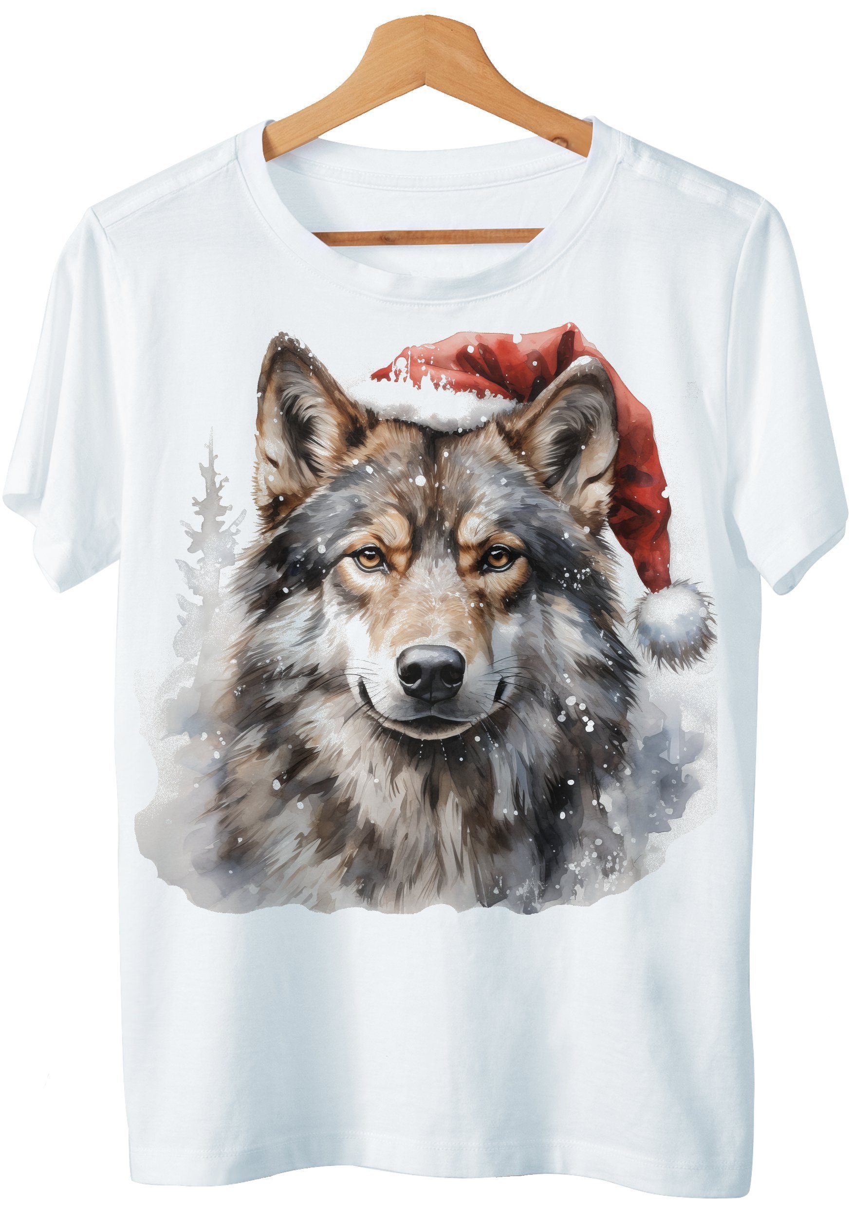 T-Shirt Weihnachten Design Wolf mit Weihnachtsmütze für Damen und Herren