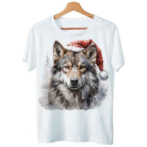 Art & Detail Shirt T-Shirt Weihnachten Design Wolf mit Weihnachtsmütze für Damen und Herren Geschenk, Weihnachten, Hund, Husky