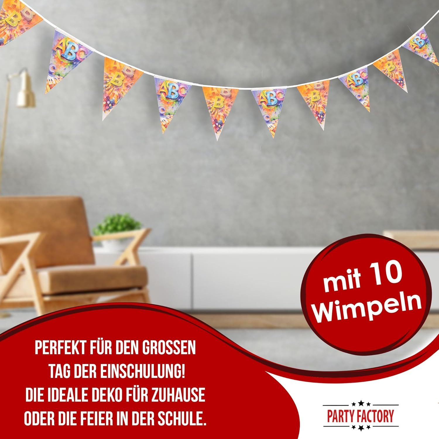 Party Factory Wimpelkette Back to School Wimpelkette 4–5 m – Deko für Einschulung & Schulstart, robust und widerverwendbar