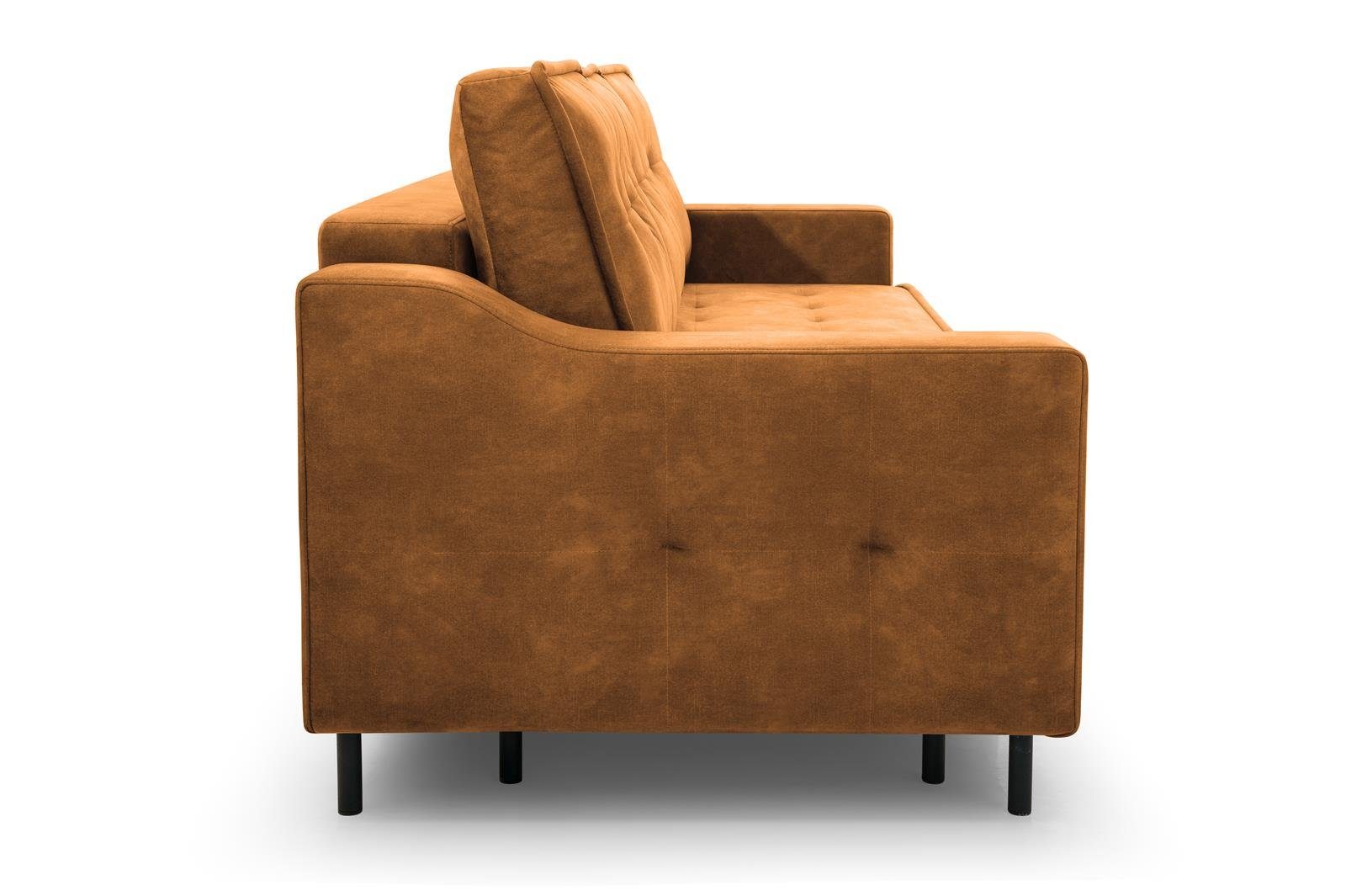 Beautysofa 3-Sitzer ALA, im Metallbeine, Polstersofa hohe (palladium aus Velours, Stil, mit 09) skandinavisches für mit Bettkasten Orange Schlaffunktion und Wohnzimmer