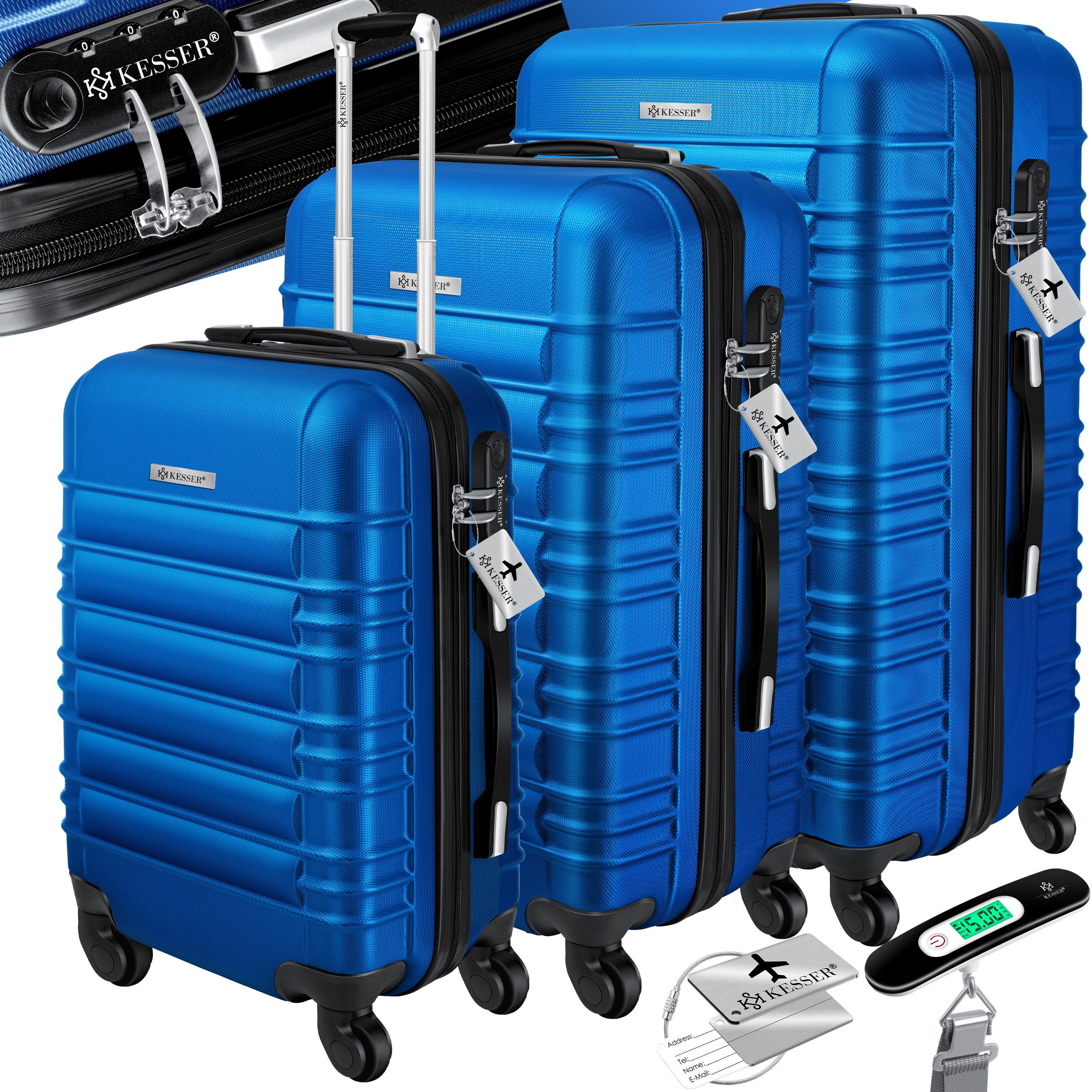 KESSER Kofferset, 4 Rollen, (3 tlg), 3tlg. Hartschalenkofferset Hartschalenkoffer Reisekoffer Set blau