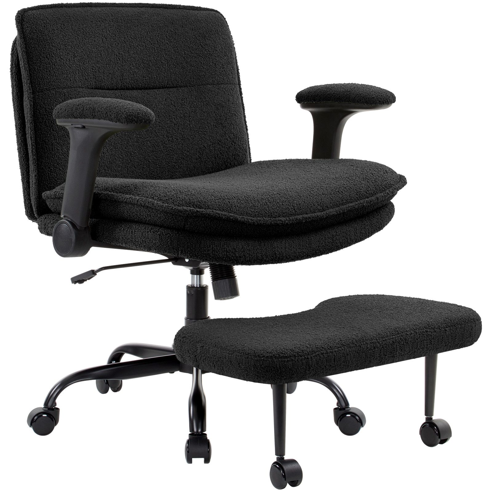 IWMH Bürostuhl mit Fußstütze (Ergonomisch Schreibtischstuhl mit klappbare Armlehnen), Höhenverstellbar ADHS Kniestuhl, Teddystoff Drehstuhl mit Rollen