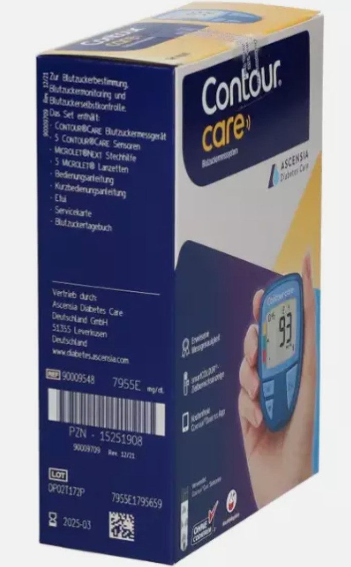 Ascensia Diabetes Care Blutzuckermessgerät CONTOUR®CARE, kompakte Größe und hohe Speicherkapazität, automatische Blutzuckeranalyse, Blutzuckermanagement, smarte Diabeteskontrolle, Präzise Messergebnisse, in mgdl oder mmol