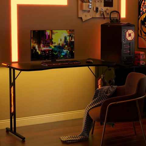 PHOEBE CAT Gamingtisch, Schreibtisch Computertisch mit LED-Beleuchtung, Kopfhörerhalter, und Ferbedienung