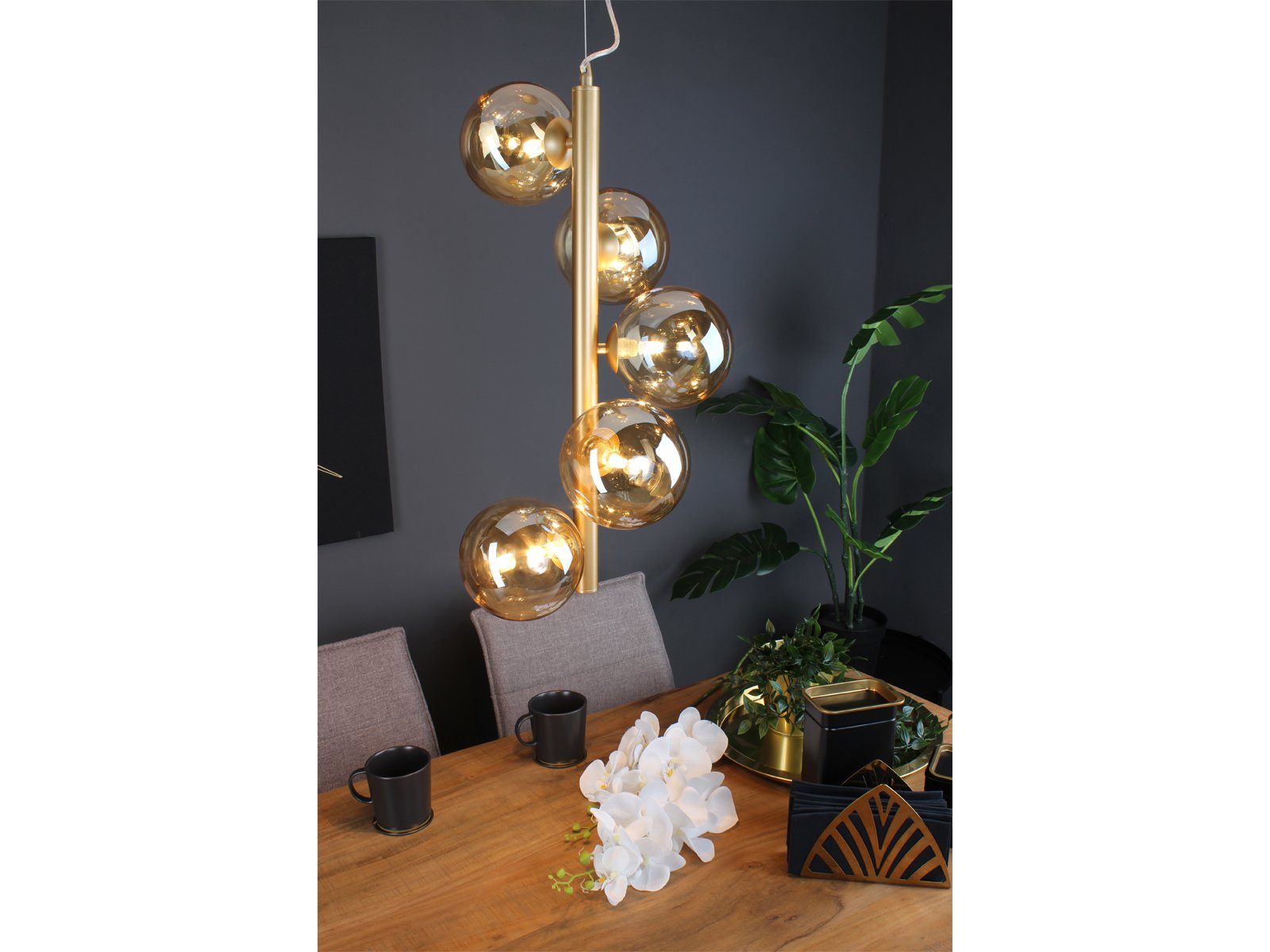 183cm Dimmfunktion, meineWunschleuchte LED Bauhaus für ausgefallene Messing-Amber Glas-kugel Lampe 5x Gold, Esstisch über wechselbar, Pendelleuchte, Warmweiß, LED