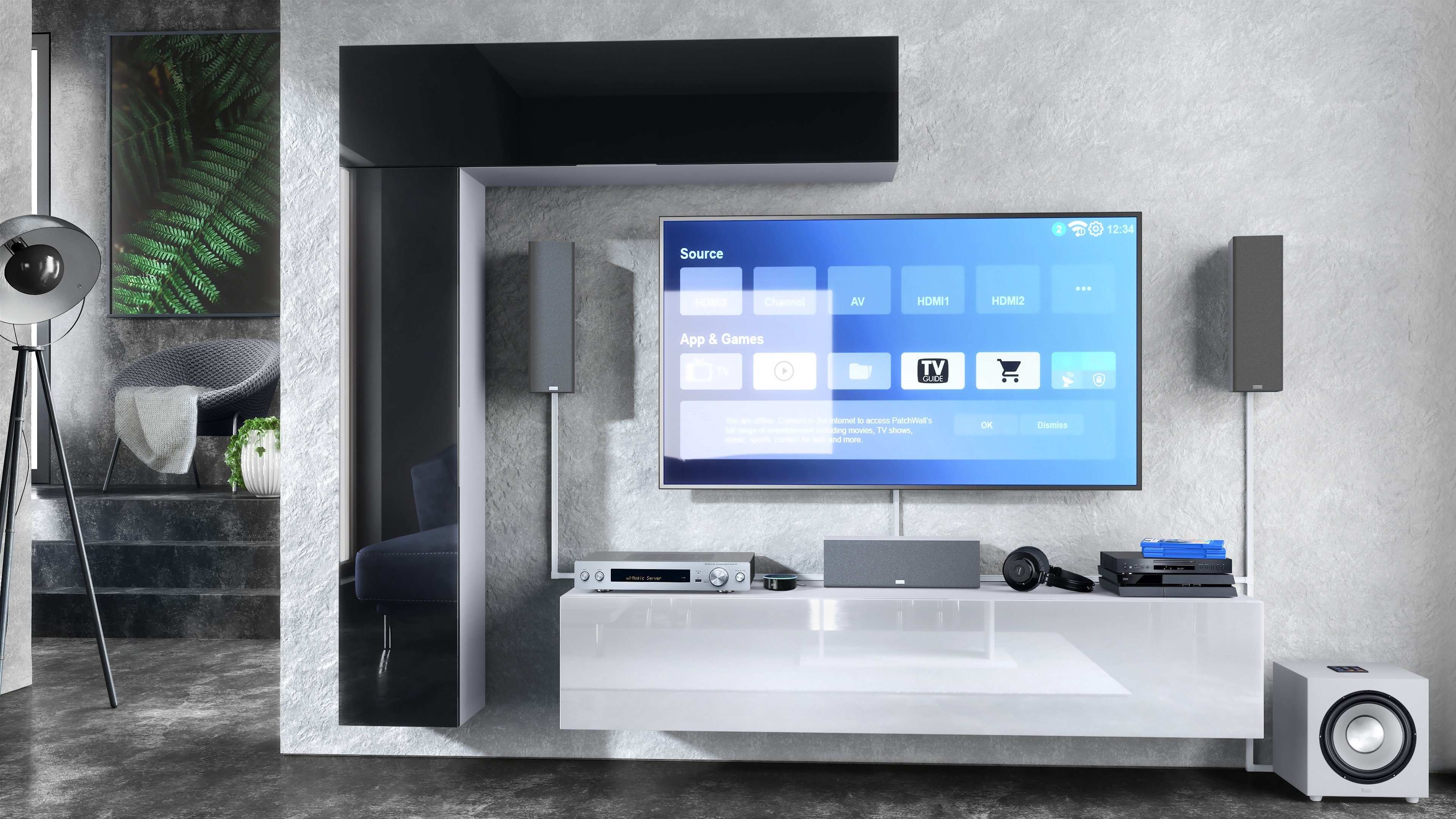 Vladon Wohnwand Taurito, (Anbauwand, mit Rückwand mit 2 Klappen und 1 Schrank), Weiß matt/Schwarz Hochglanz (320 x 182 x 39 cm)