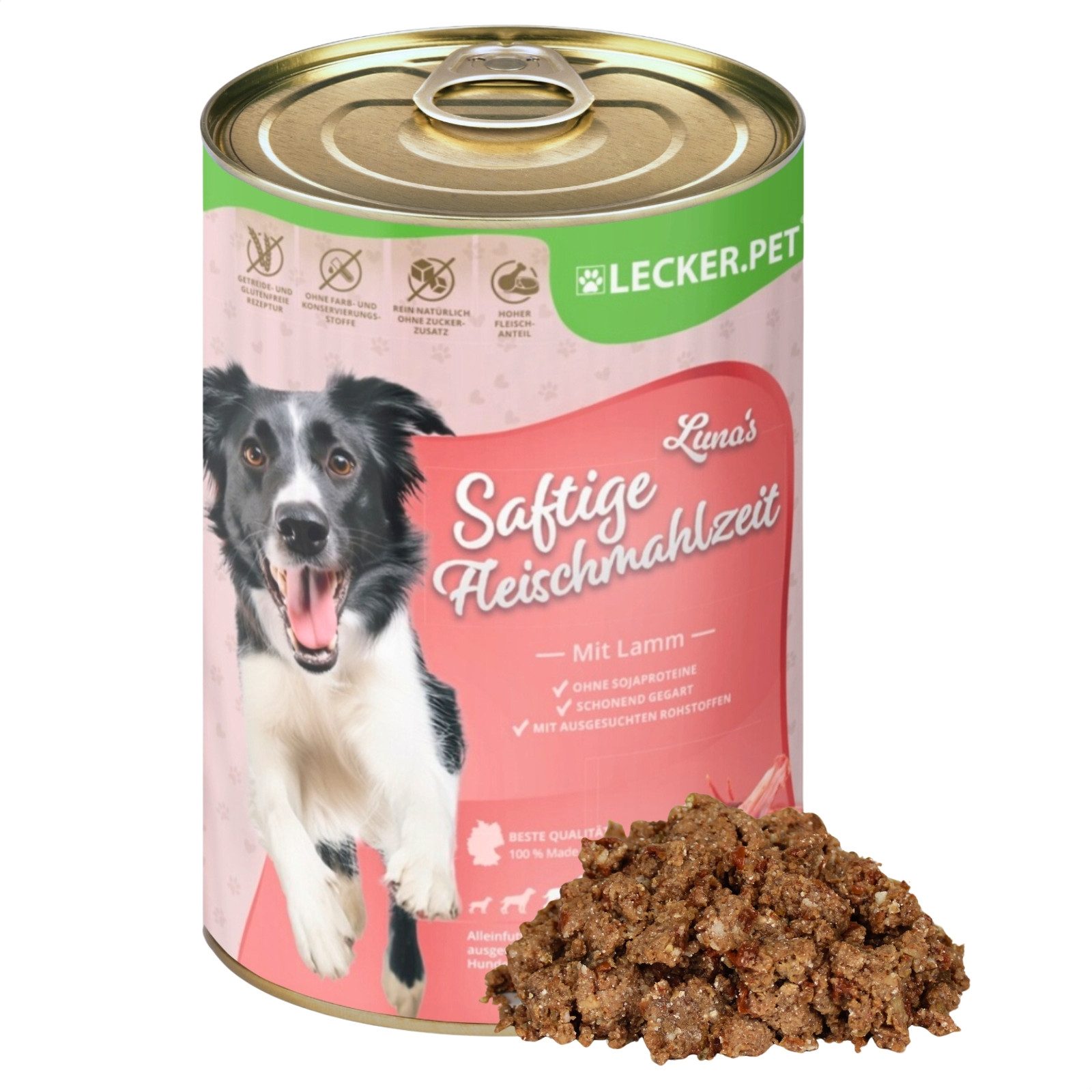 Lecker.Pet 6 x 400 g Lecker.Pet® Luna's Saftige Fleischmahlzeit Lamm Hundefutter Lamm, 6St.