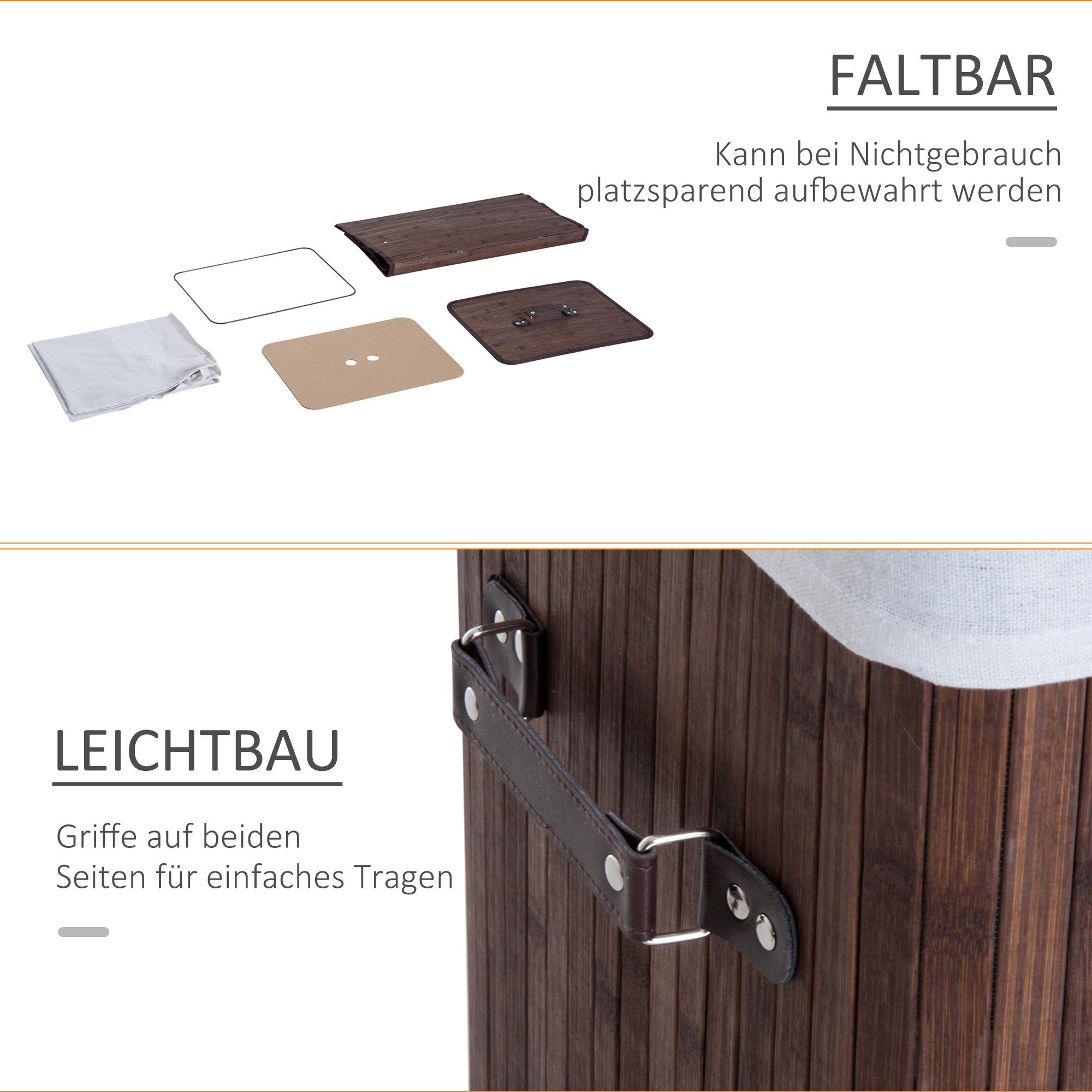 HOMCOM Wäschekorb schmal Wäschesammler mit Griff, für Schlafzimmer & Bad, Schwarz (Wäschekorb, 1 St., Wäschebox), Bambus, faltbar, 72L, Dunkelbraun, 40 x 30 x 6 – Bild 4 von 5