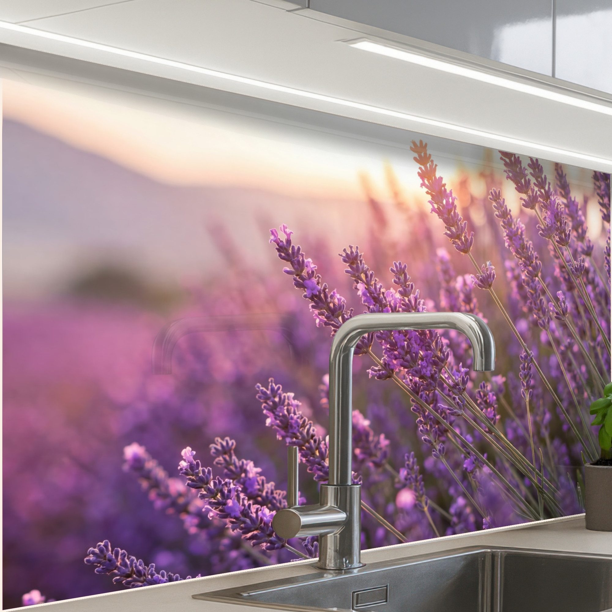 KitchenYeah Küchenrückwand Muster selbstklebend (keine Folie) Lavendel - Lila - Sonnenlicht, (1-tlg), Spritzschutz, Küche, Rückwand, Küchenwand, Küchenfront, 30x20 cm