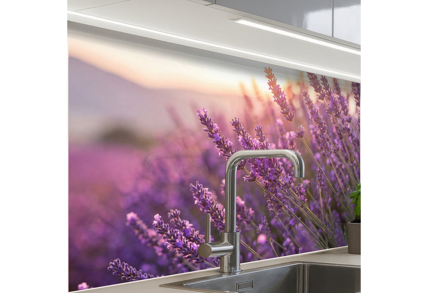 KitchenYeah Küchenrückwand Muster selbstklebend (keine Folie) Lavendel - Lila - Sonnenlicht, (1-tlg), Spritzschutz, Küche, Rückwand, Küchenwand, Küchenfront, 30x20 cm