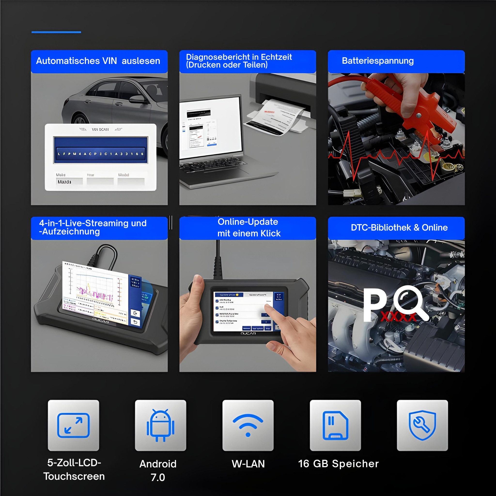 MUCAR Kfz-Diagnosegerät OBD 2 Scanner, OBD Diagnosegerät, Touch, Komplett-Set, Komplett-Set, Touch, lebenslange Updates, Fehlercodelexikon