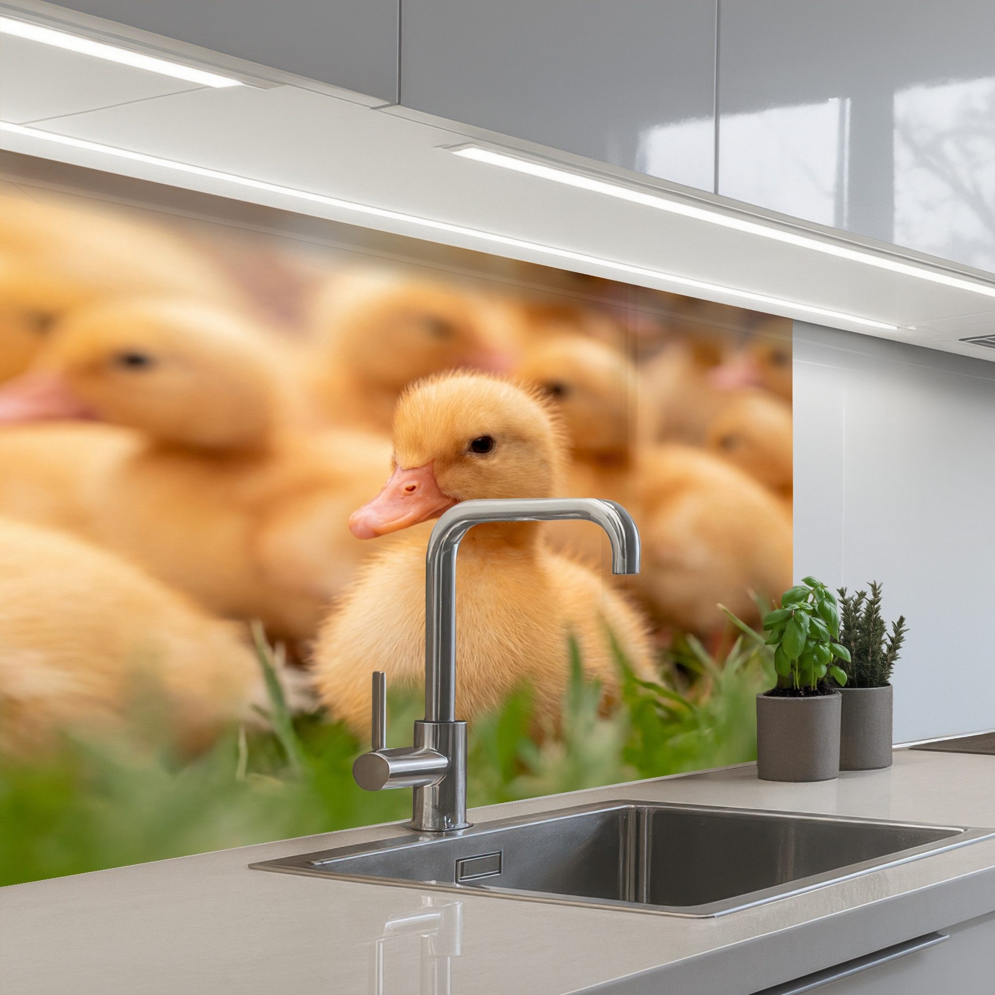 KitchenYeah Küchenrückwand selbstklebend (keine Folie) Pfeil - Ente - Natur - Gelb, (1-tlg), Spritzschutz, Küche, Rückwand, Küchenwand, Küchenfront, 80x60 cm