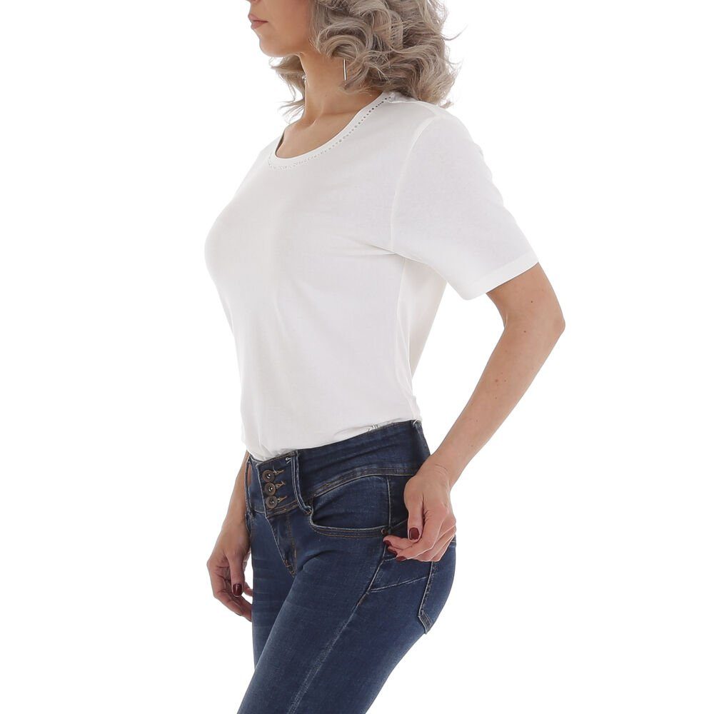 Damen Shirts Ital-Design T-Shirt Damen Freizeit Strass Stretch T-Shirt in Weiß