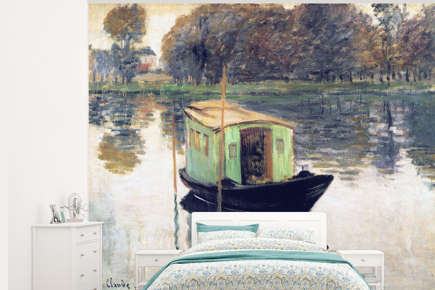 MuchoWow Fototapete Das Tapete von (5 Claude Monet, für Montagefertig Wohnzimmer, Wandtapete Matt, - Gemälde Vinyl bedruckt, Atelierboot St)