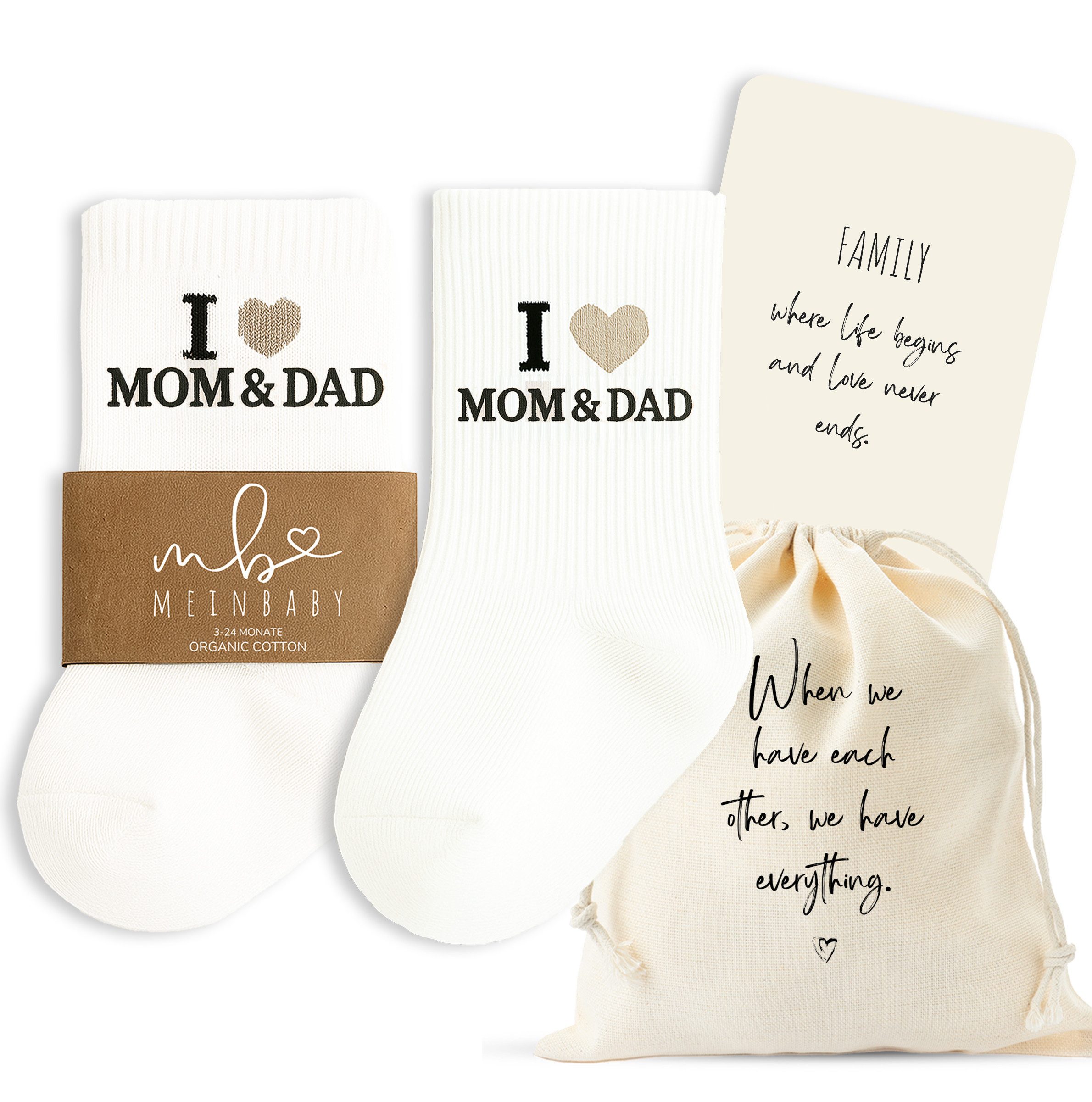 Freizeitsocken Geschenkset zur Geburt, Baby, Babyparty, i love mom, dad