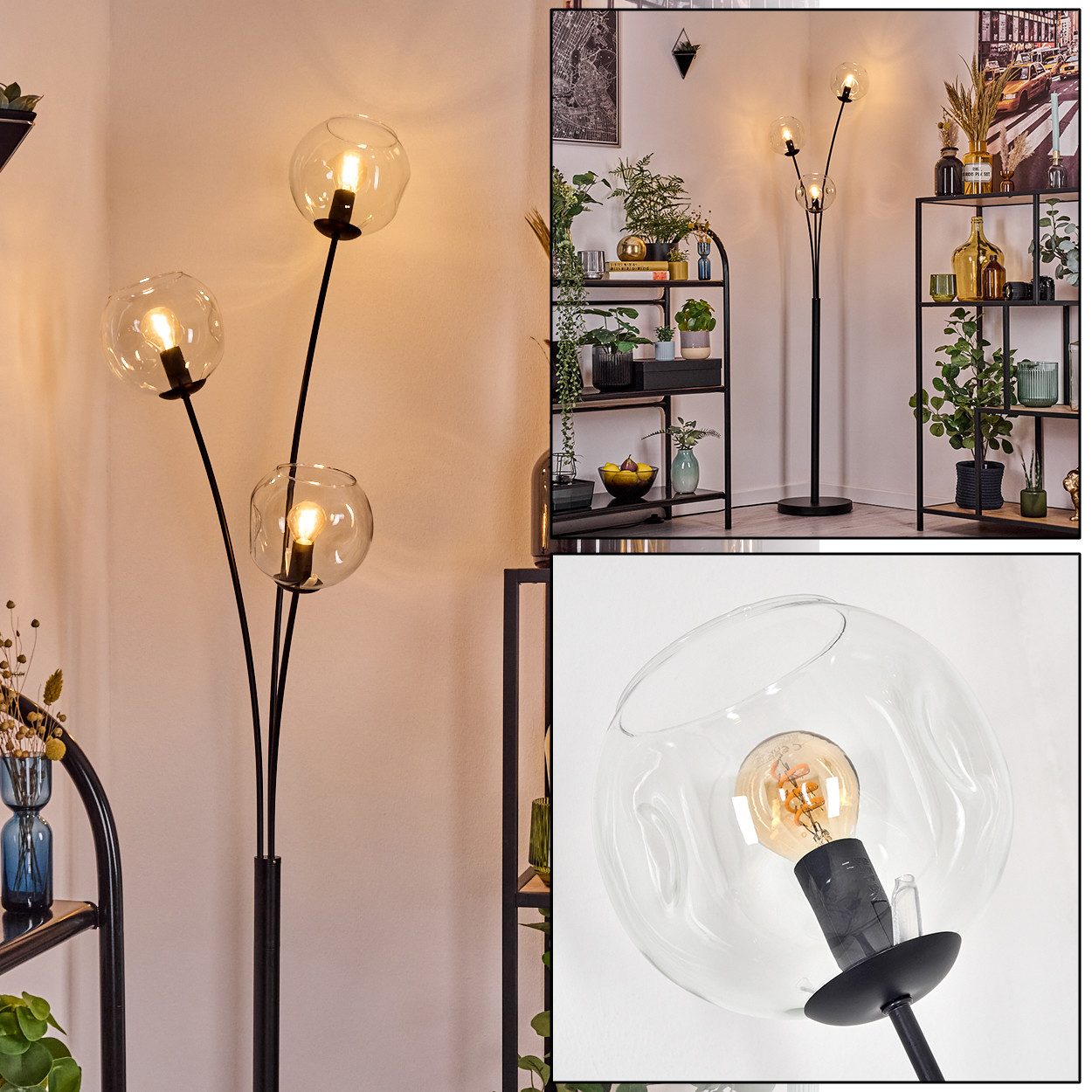 Stehlampe Stehlampe aus Metall/Glas in Schwarz/Klar