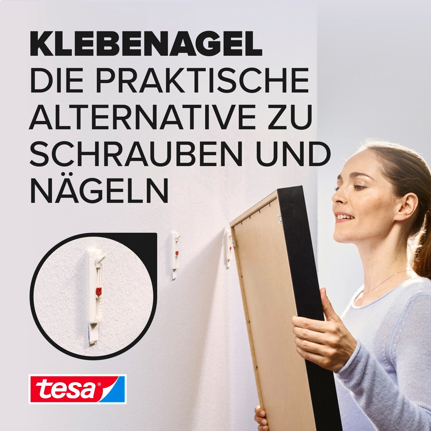 tesa Klebehaken Klebenagel mit max. 1 kg Haltekraft für Bilder - verstellbar, Dekoration, Leinwände, Bilder, Girlanden, Lichterketten, (Spar-Set, 4-St., inkl. Powerstrips), Klebenagel - POWERSTRIPS Doppelseitig - Tapete & Putz - 2 x 2er Pack