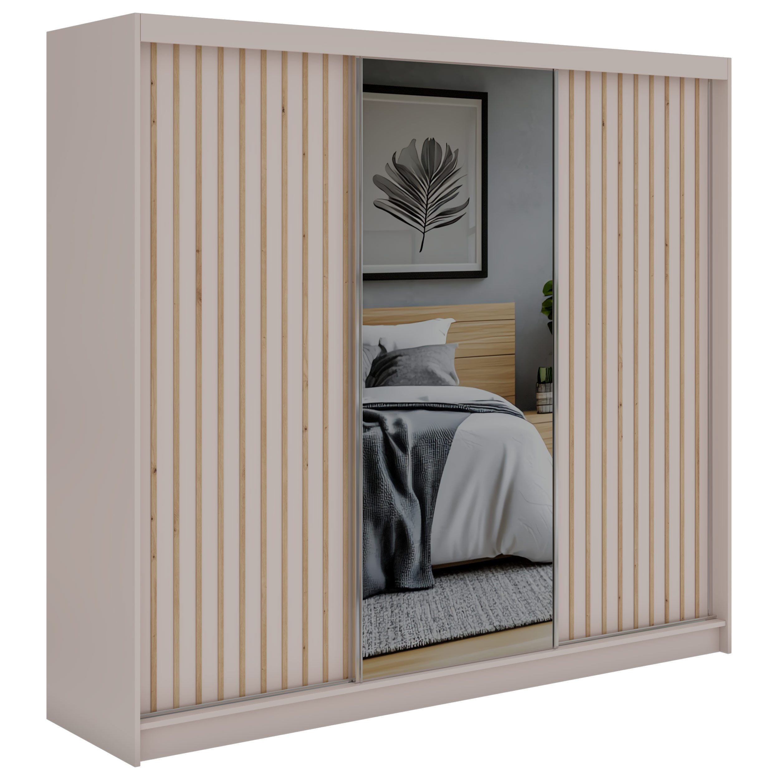 MKS MÖBEL Schiebetürenschrank LAOS 240 (Set mit/ohne Schubladen, Schwebetürenschrank mit Spiegel, Lamellen, Ganzkörperspiegel) Schwebetürenschrank 240 cm Breite mit Lamellen, Spiegelfront