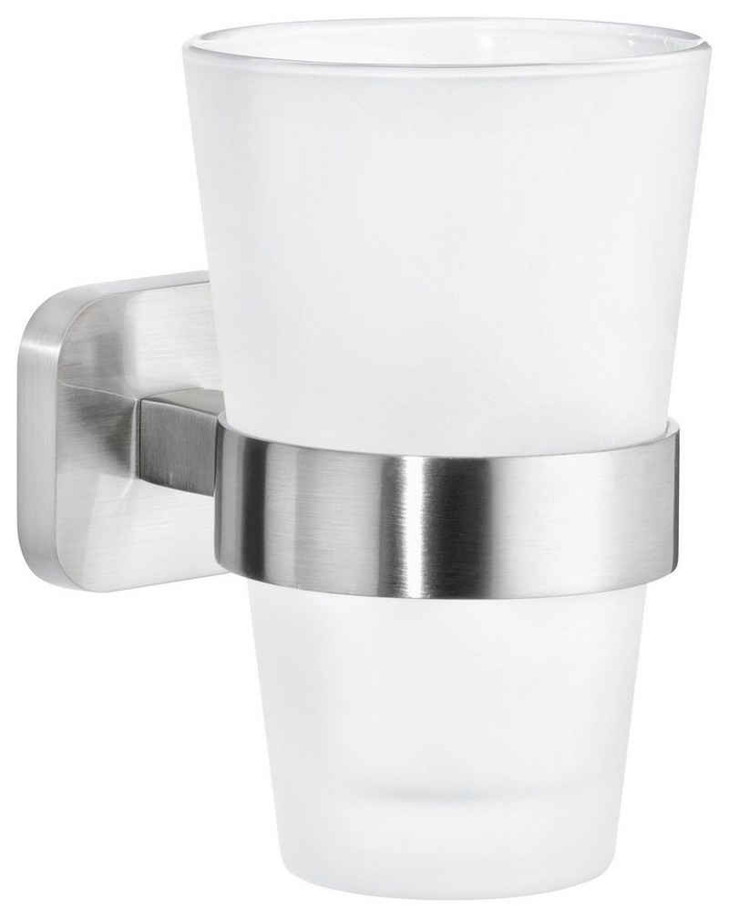 tesa Zahnputzbecher ESTEETIC Zahnputzbecherhalter ohne Bohren - 12,4 cm : 7,9 cm : 11,9 cm, (Packung, 1-St), selbstklebender Zahnbürstenhalter - Edelstahl - silber matt