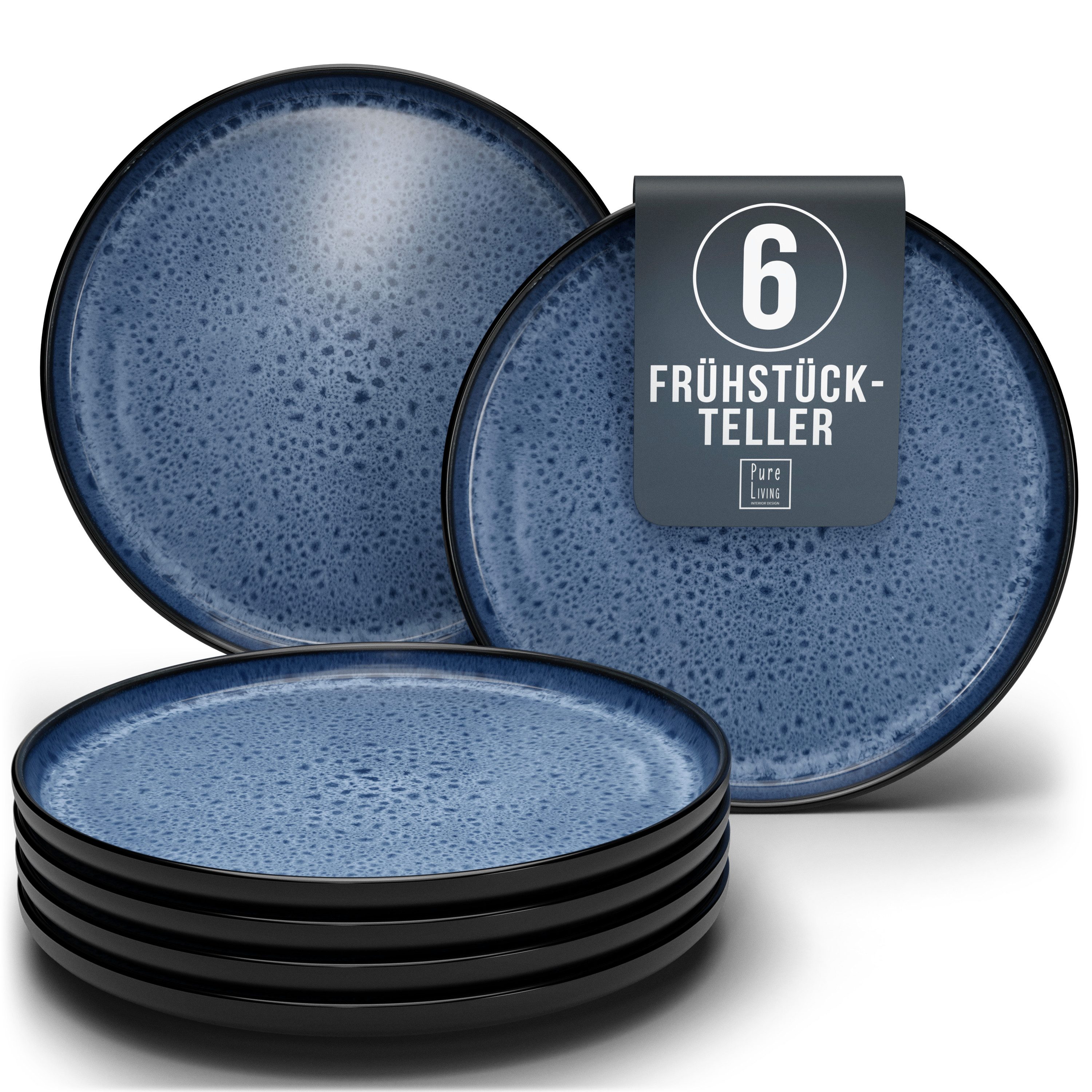 PURE LIVING INTERIOR DESIGN Geschirr-Set Ibiza Dessertteller, Frühstückteller, 6er-Set, 20 cm, Tiefblau (1-tlg), 6 Personen, Steingut, Robust, kratzfest, spülmaschinenfest und mikrowellengeeignet