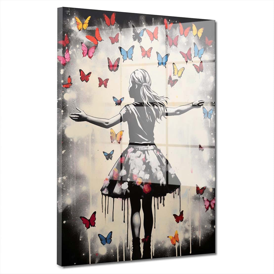 Artedinoi Acrylglasbild Mädchen mit Schmetterlingen Acrylglasbild Wandbild Street Art Bunt XXL, Mädchen umgeben von bunten Schmetterlingen im Street-Art-Stil.