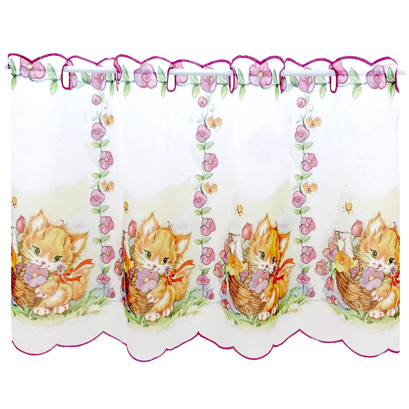 heimtexland Scheibengardine Kinderzimmer Deko Gardine Baby Katzen Fensterdeko (1 St), Durchzuglöcher, halbtransparent, Voile, transparent, HxB 45x85 cm, Stickerei Kante pink rosa
