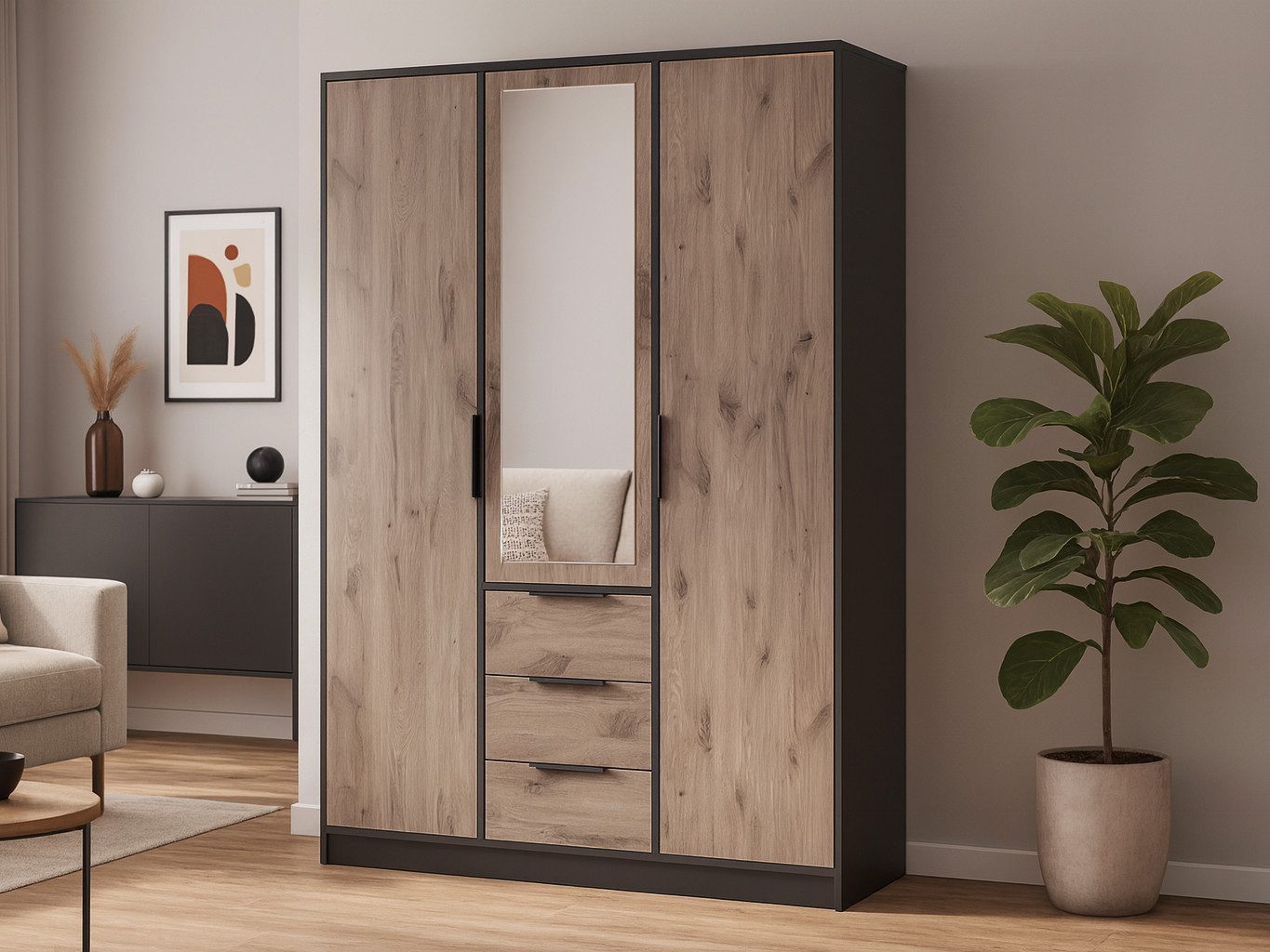 Beautysofa Kleiderschrank LIVO mit Spiegel (Design-Schrank für Schlafzimmer oder Flur, wahlweise mit oder ohne Aufsatz) Breite: 149 cm