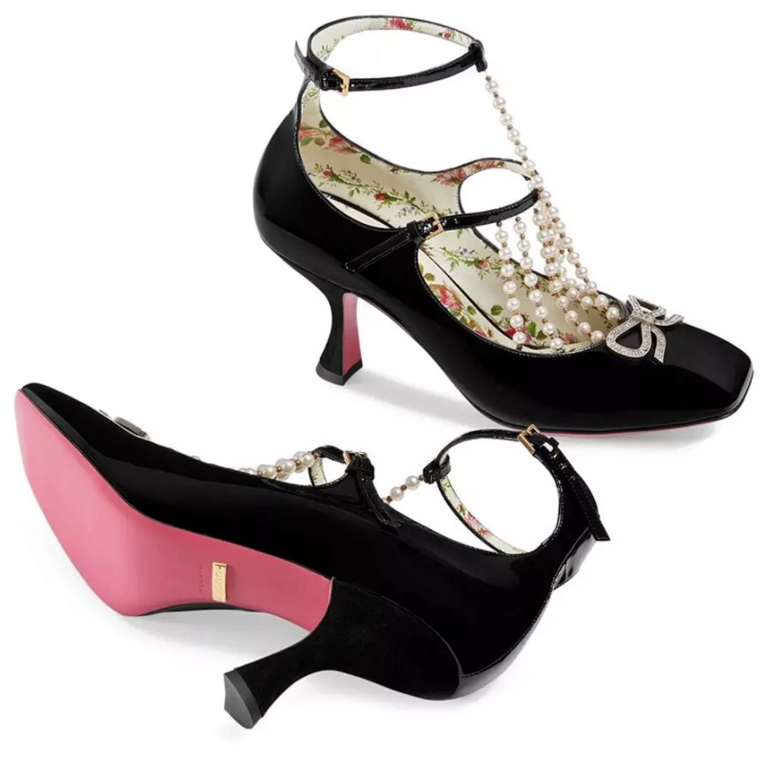 GUCCI Damen Limited Schuhe mit T-Riemen und Perlen Pumps Metall-Schleife mit funkelnden Kristallen