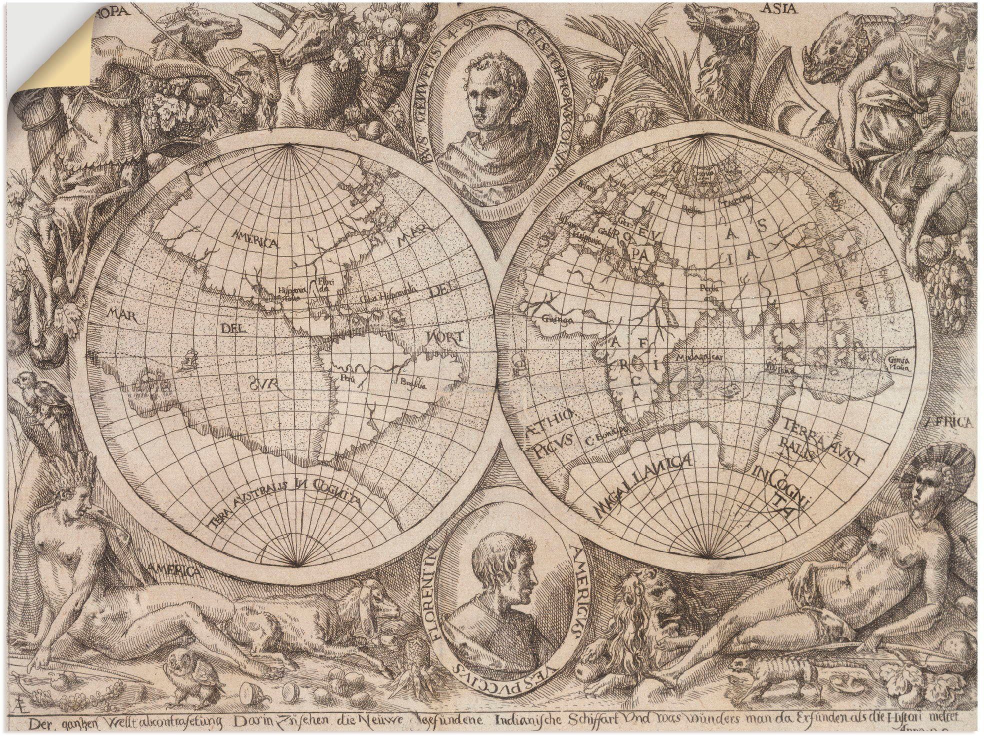 Artland Größen der Poster oder versch. als 1597, Erdhemisphären. (1 Wandaufkleber Landkarten Wandbild Leinwandbild, St), Karte in