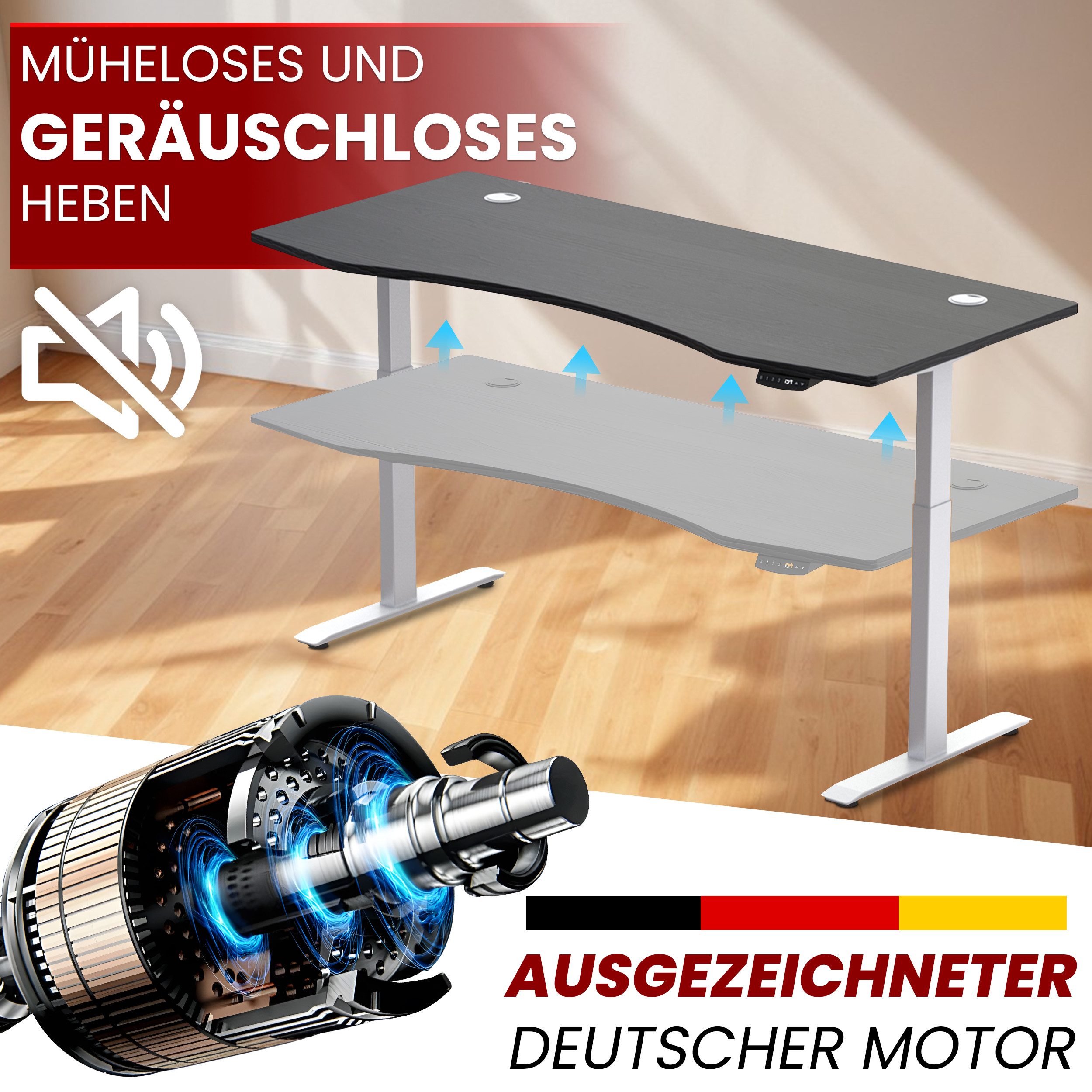 PROMAFIT Arbeitstisch Schreibtisch Stehtisch mit elektrischer Höhenverstellung (Set, 1-St., Tischplatte mit Gestell (optinal mit Doppellenkrollen), Tischplatte 180 oder 150 cm & 3 Memory Funktionen