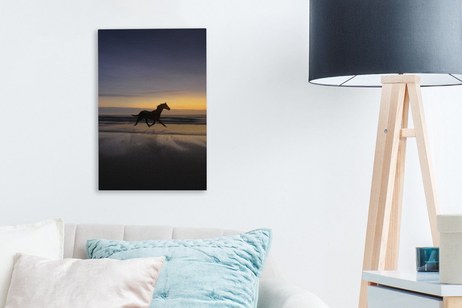 20x30 fertig cm Leinwandbild OneMillionCanvasses® inkl. bespannt Leinwandbild - Pferde - Gemälde, (1 St), Zackenaufhänger, Strand Sonnenuntergang,