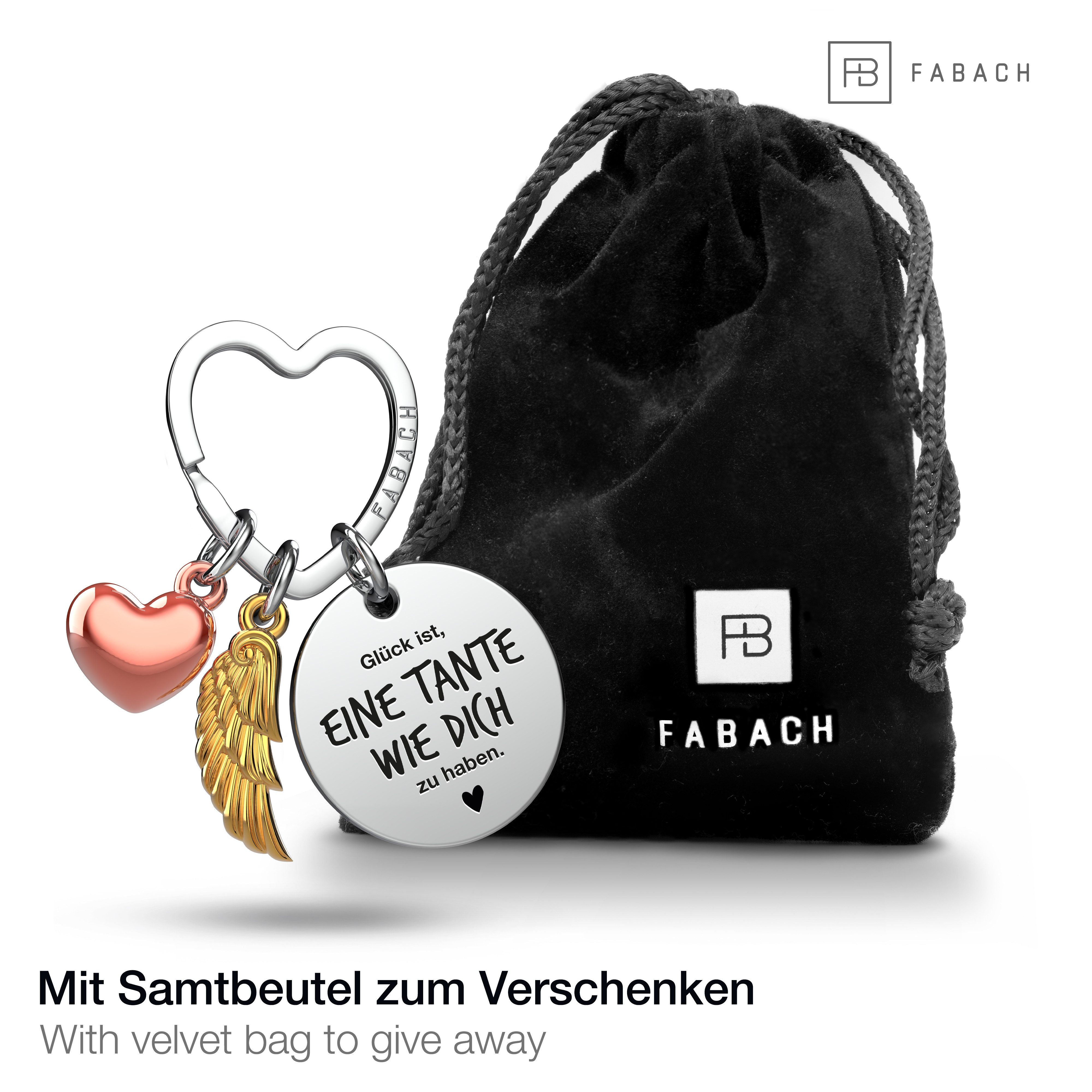 FABACH Schlüsselanhänger Glücksbringer Herz und Engelsflügel mit Gravur "Beste Tante"
