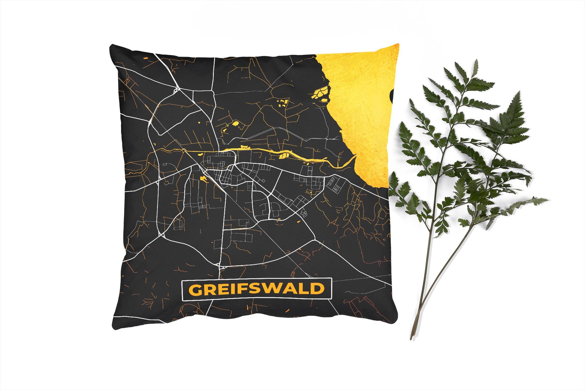 MuchoWow Dekokissen Deutschland - Schwarz und Gold - Greifswald - Stadtplan - Karte, Zierkissen mit Füllung für Wohzimmer, Schlafzimmer, Deko, Sofakissen
