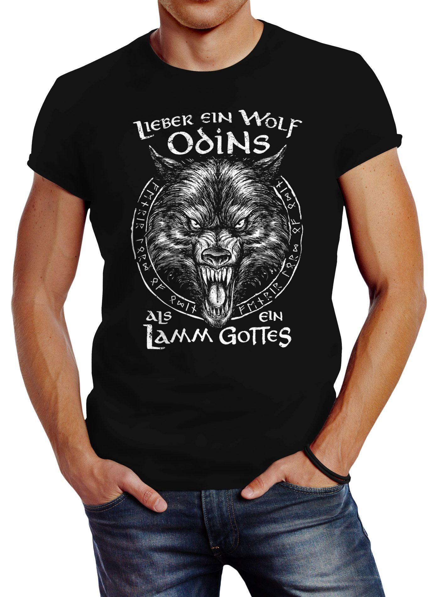 Neverless Print-Shirt Herren T-Shirt Spruch Lieber ein Wolf Odins als ein Lamm Gottes Wikinger nordische Mythologie Fashion Streetstyle Neverless® mit Print